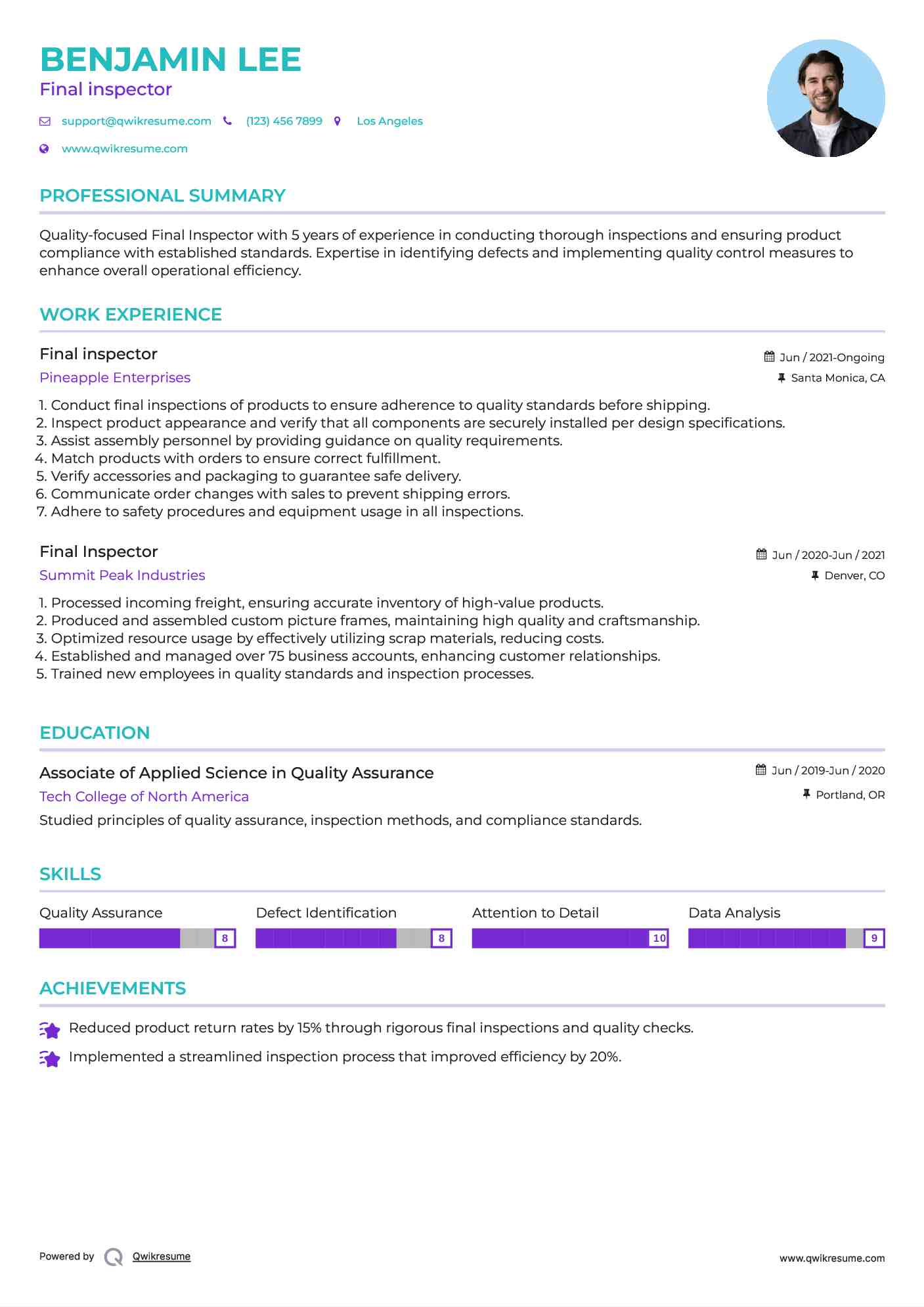 Final inspector Resume Model