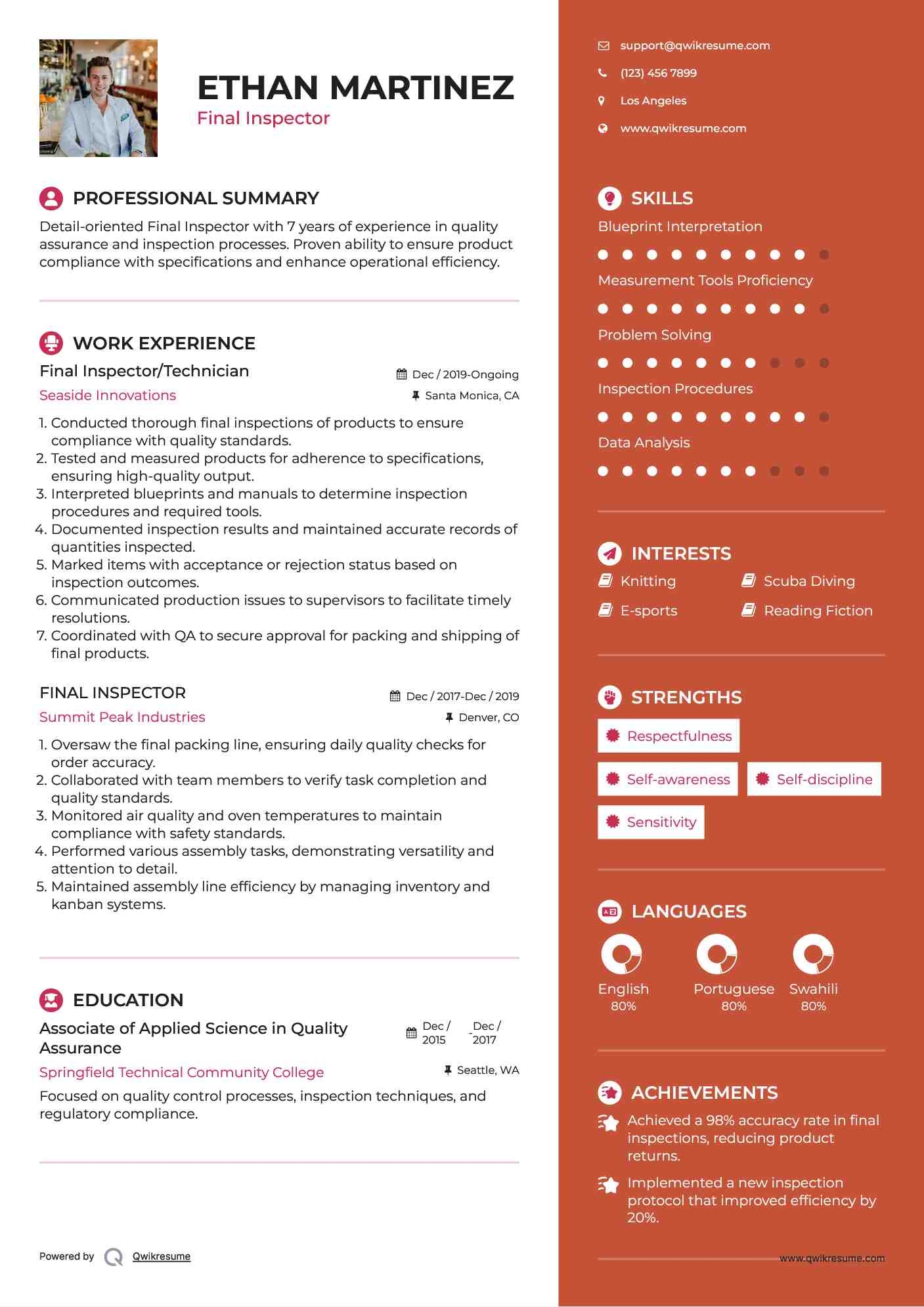 Final Inspector/Technician Resume Example