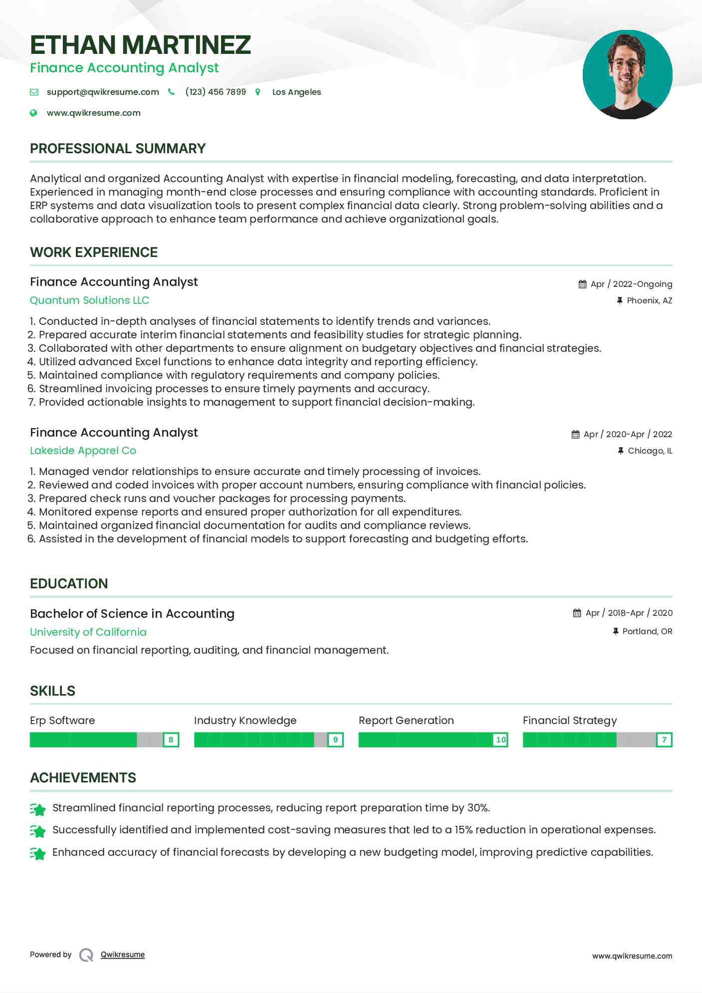 Finance Accounting Analyst Resume Model