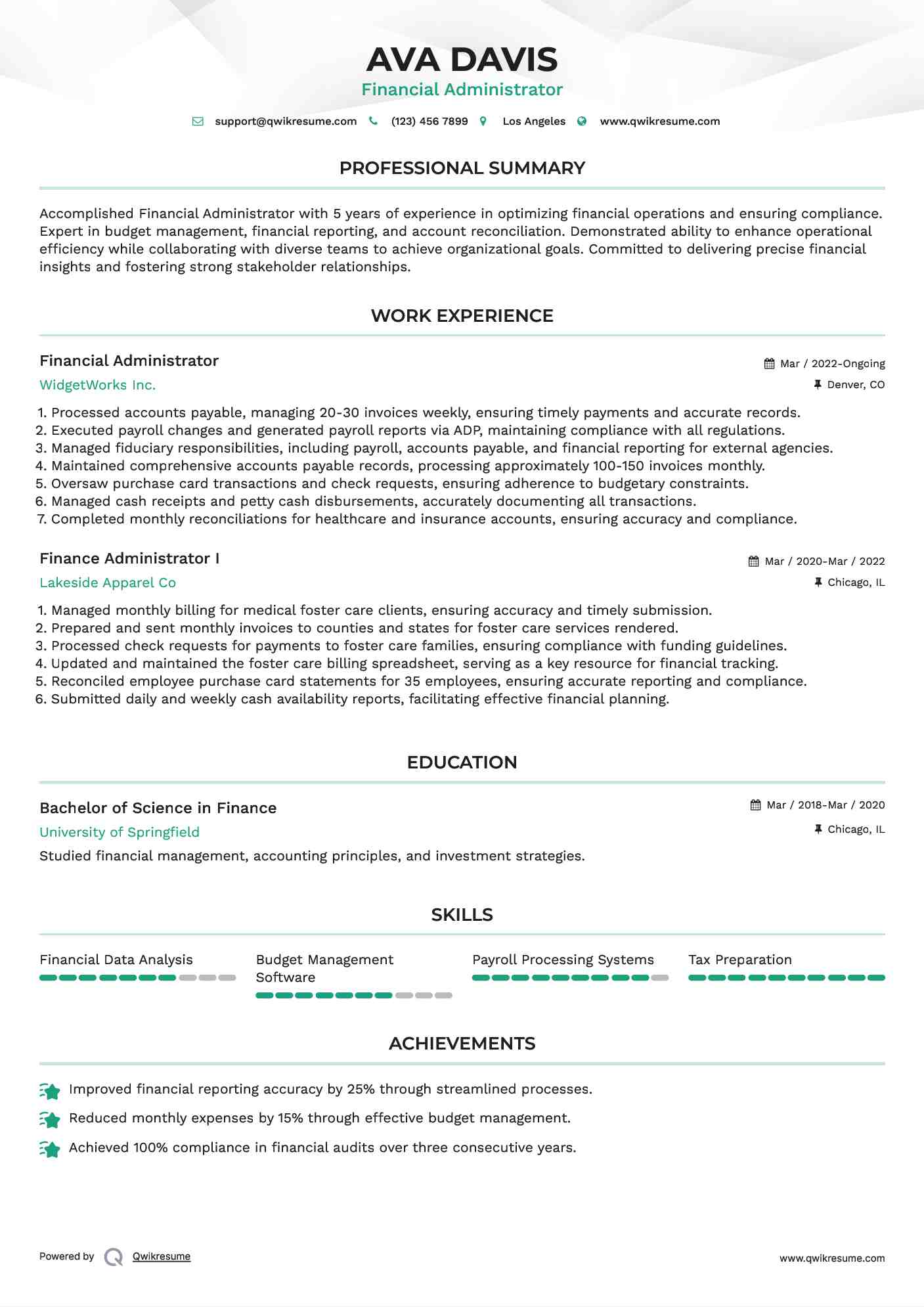 Financial Administrator Resume Model