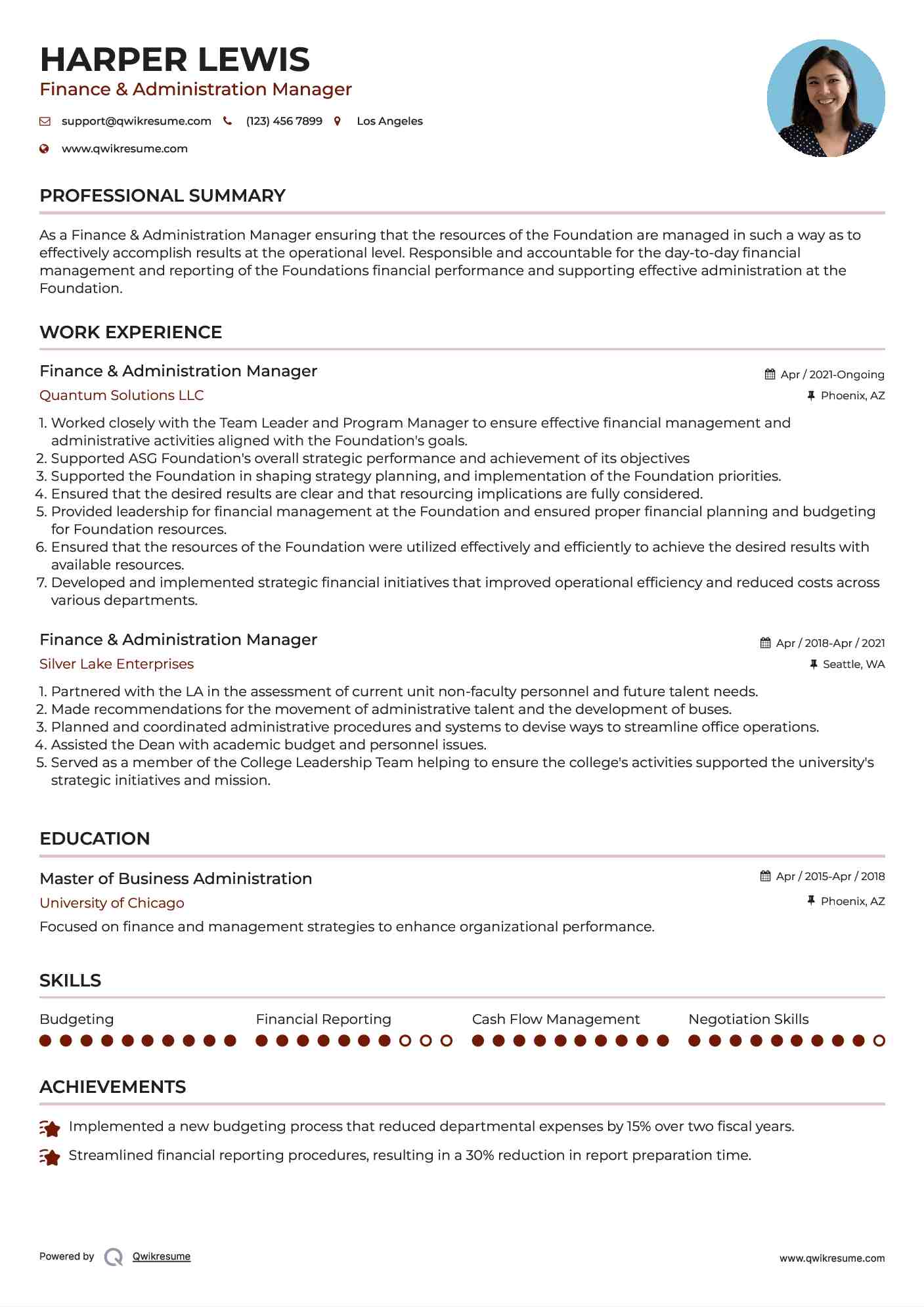 Finance & Administration Manager Resume Example