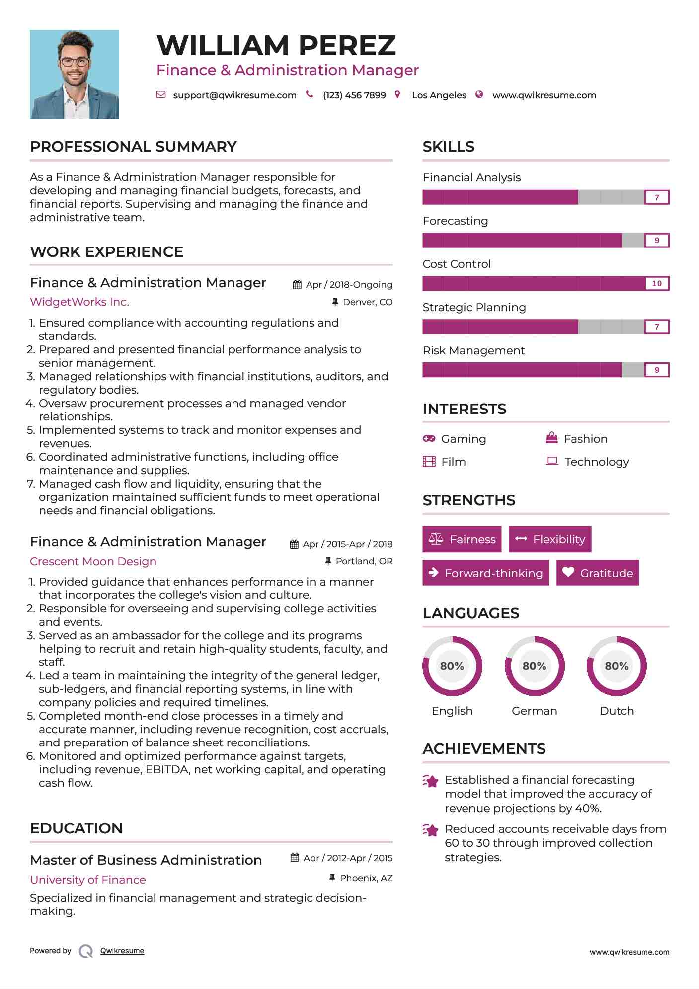 Finance & Administration Manager  Resume Example