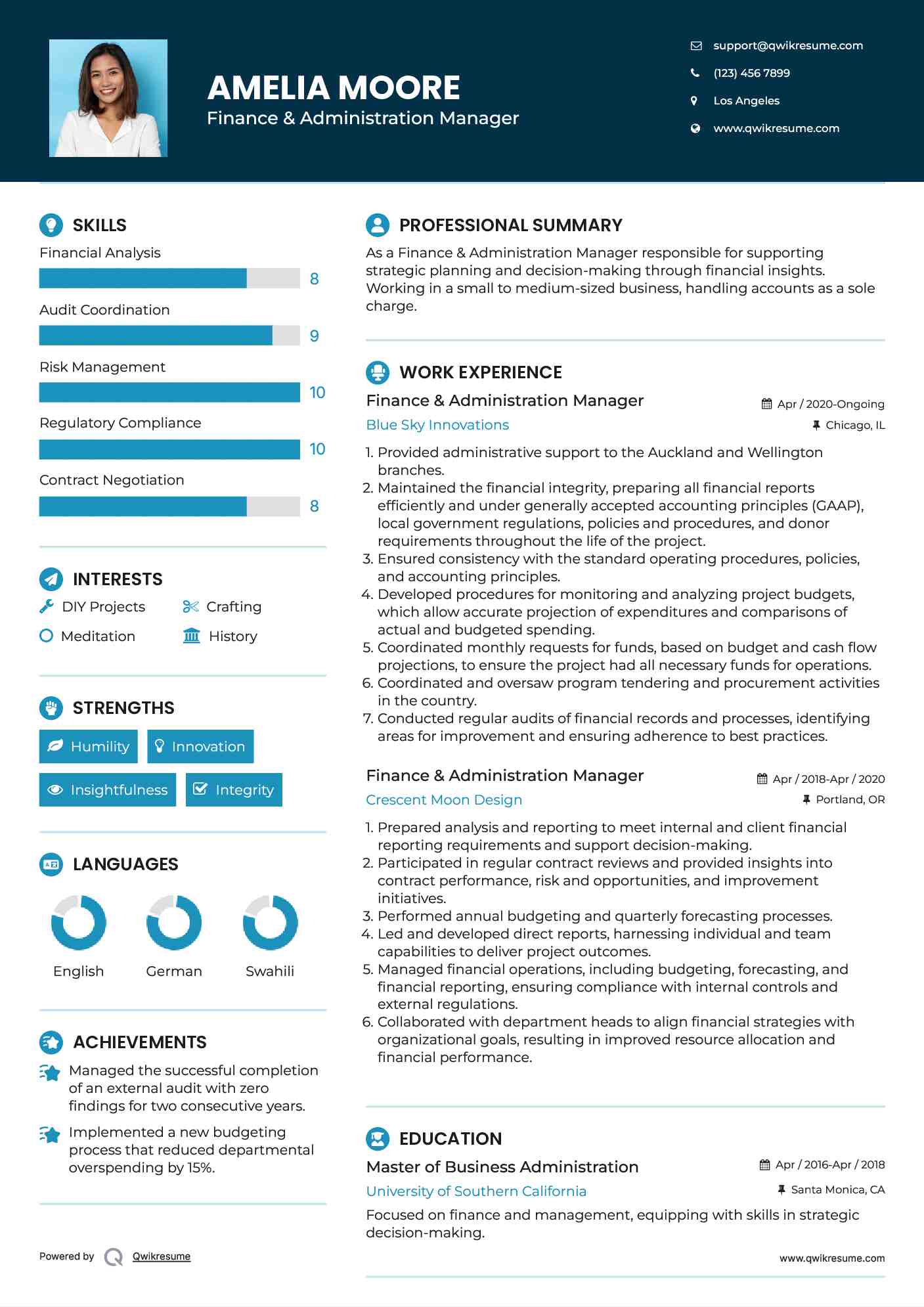 Finance & Administration Manager  Resume Model