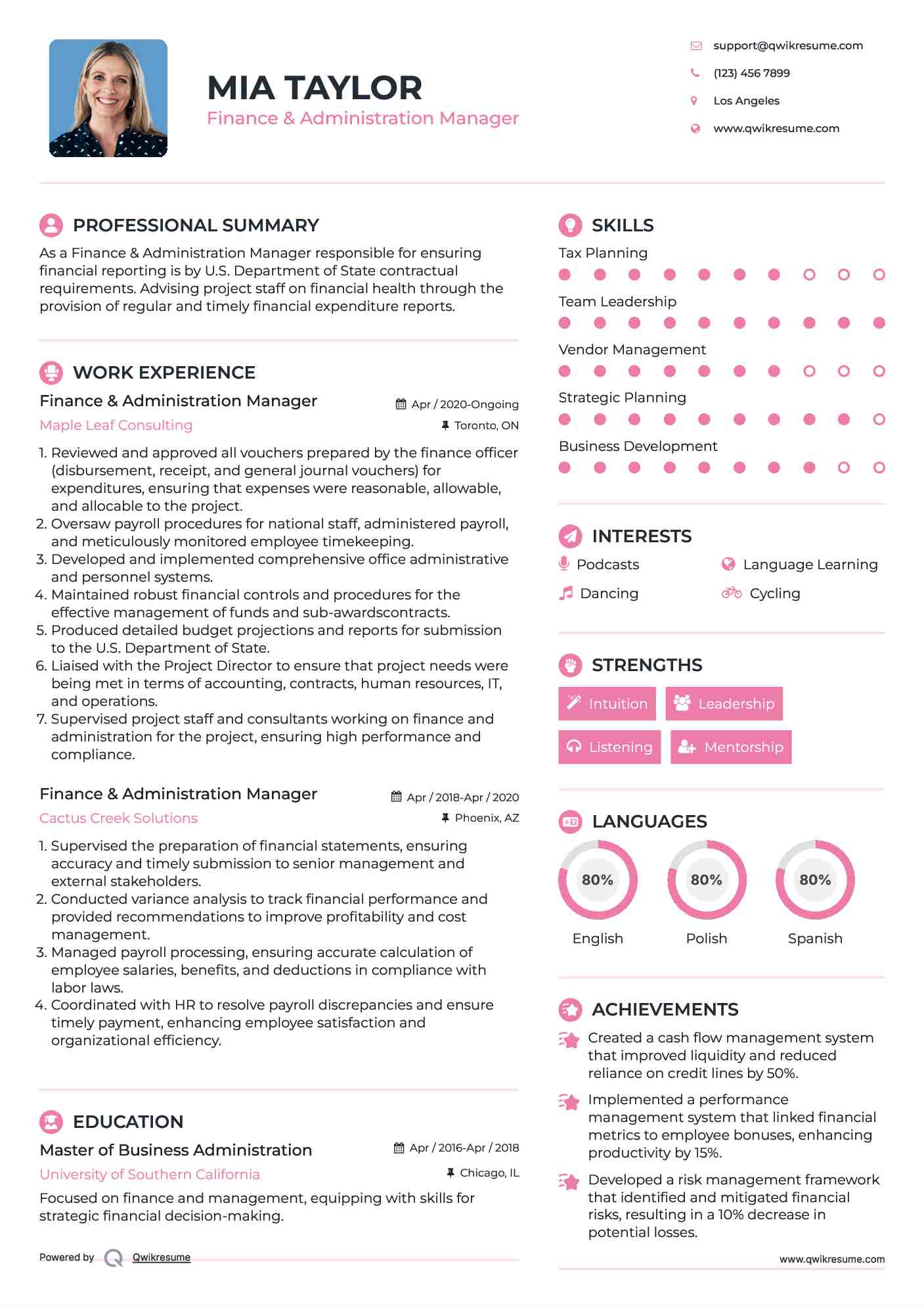 Finance & Administration Manager  Resume Example