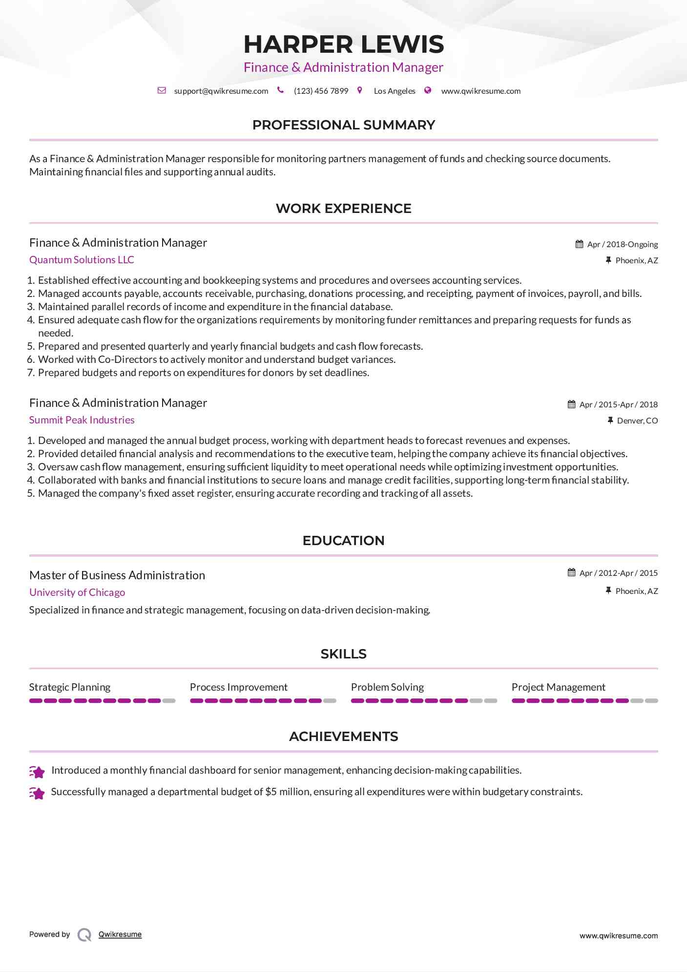 Finance & Administration Manager  Resume Format