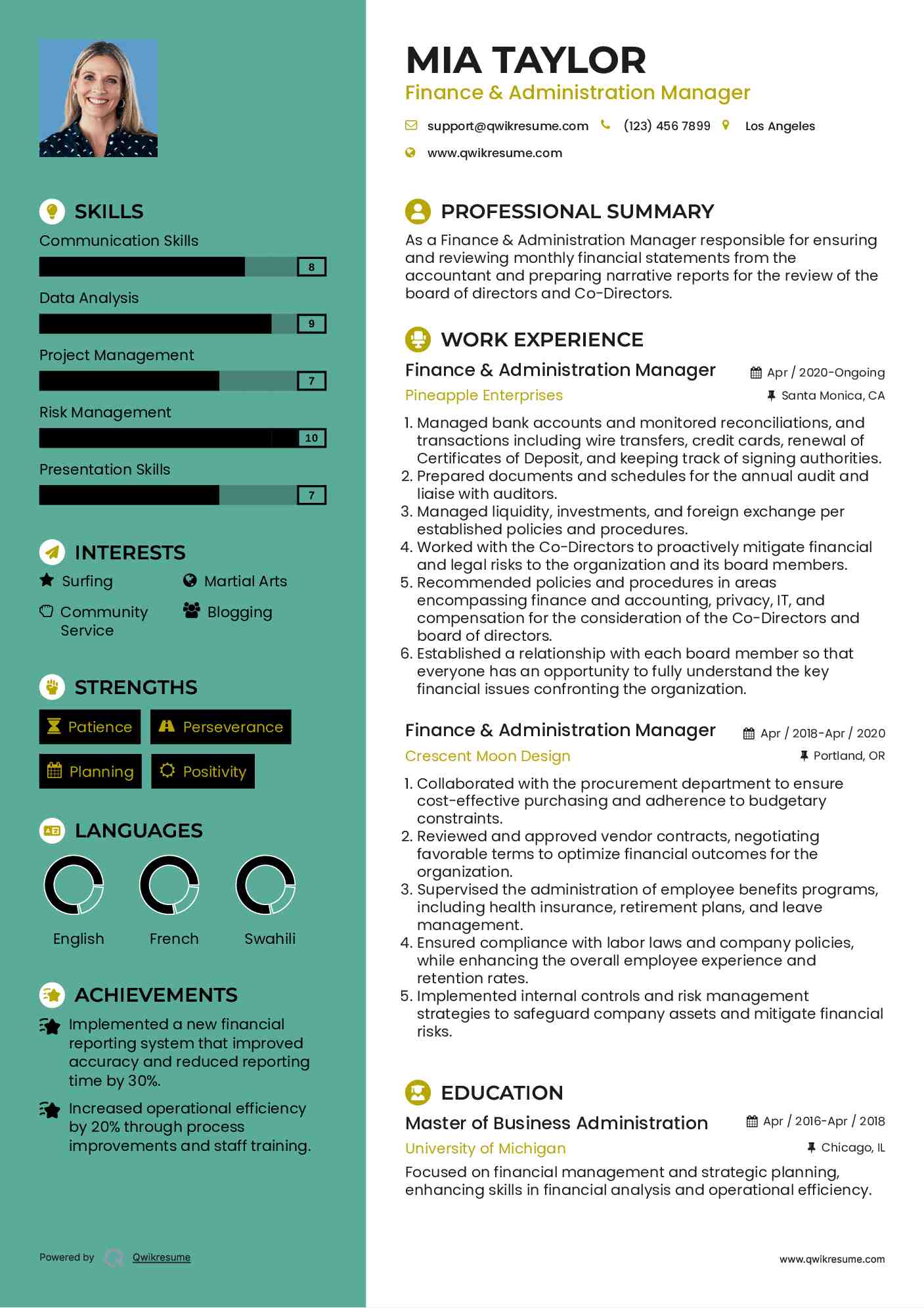 Finance & Administration Manager  Resume Model