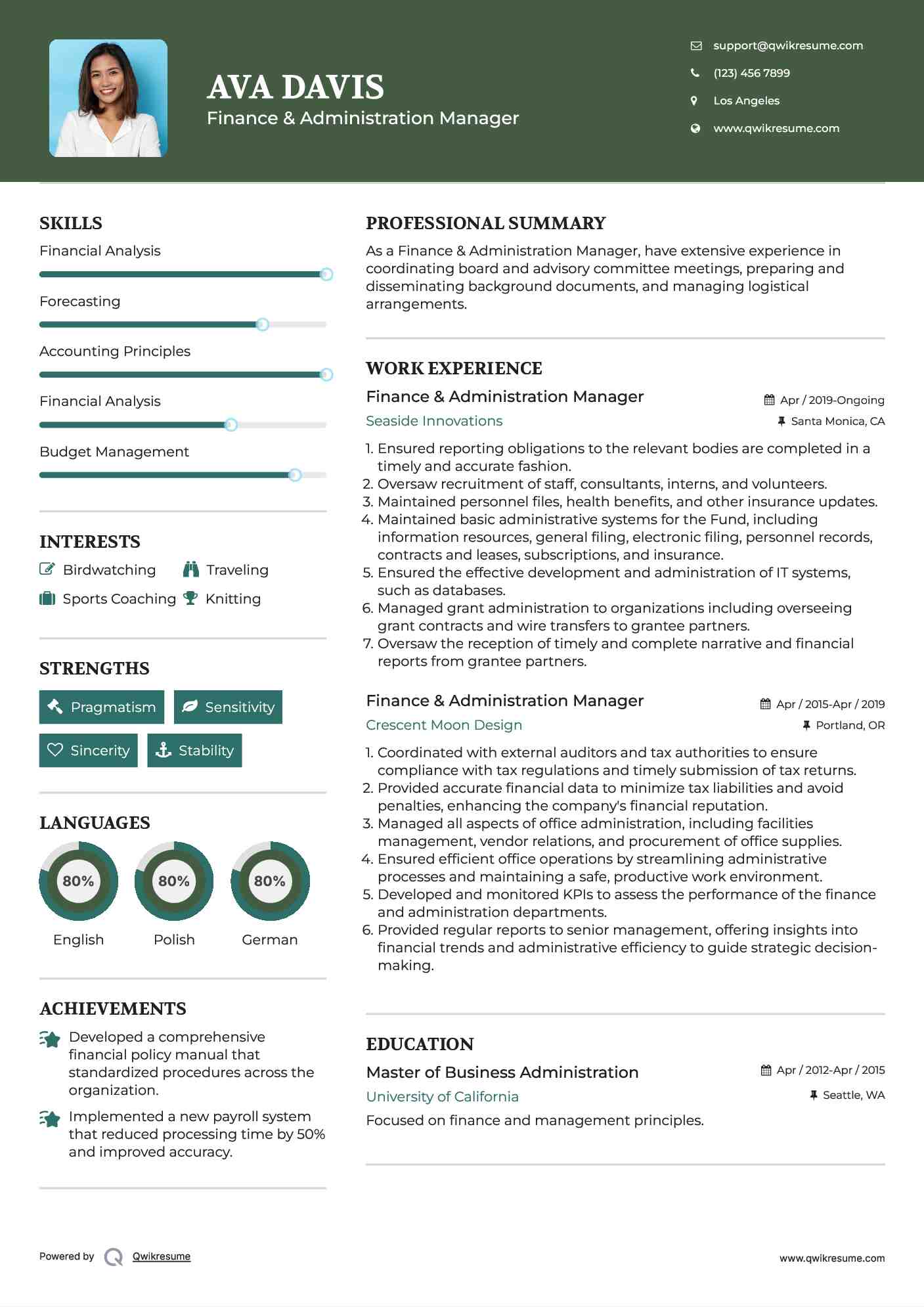 Finance & Administration Manager  Resume Format