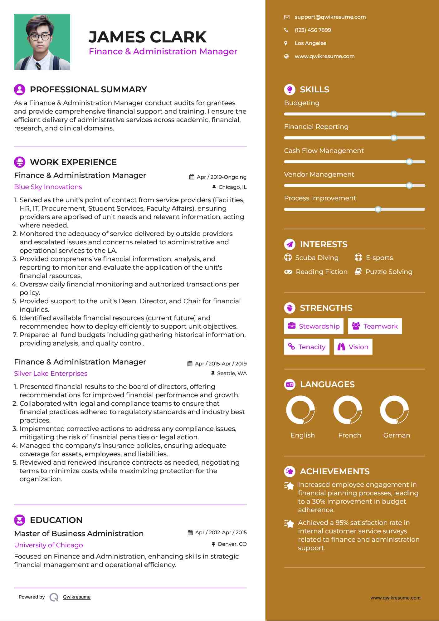 Finance & Administration Manager Resume Model