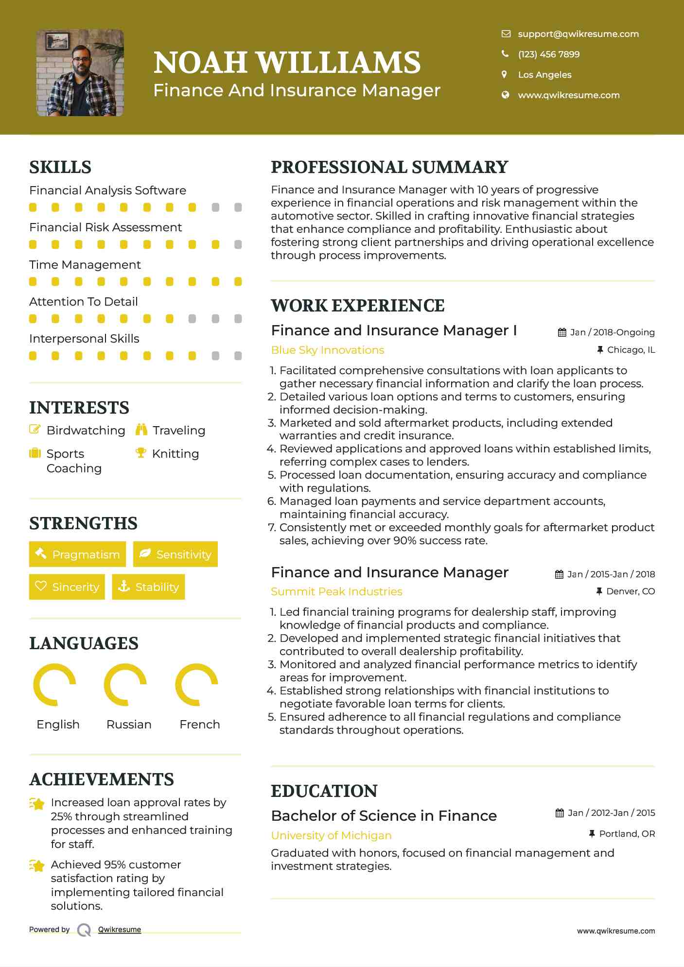 Finance and Insurance Manager I Resume Model