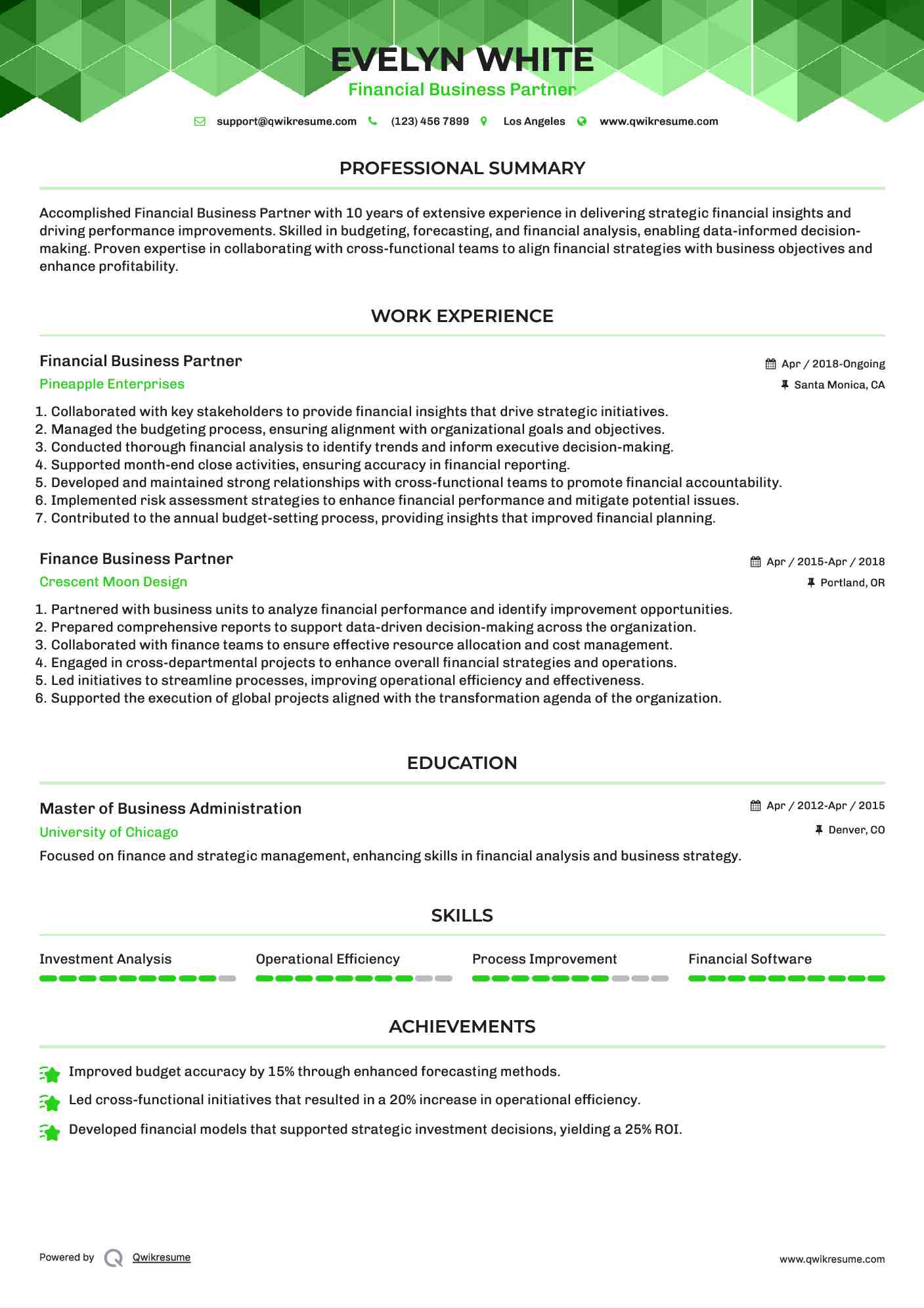 Financial Business Partner  Resume Sample