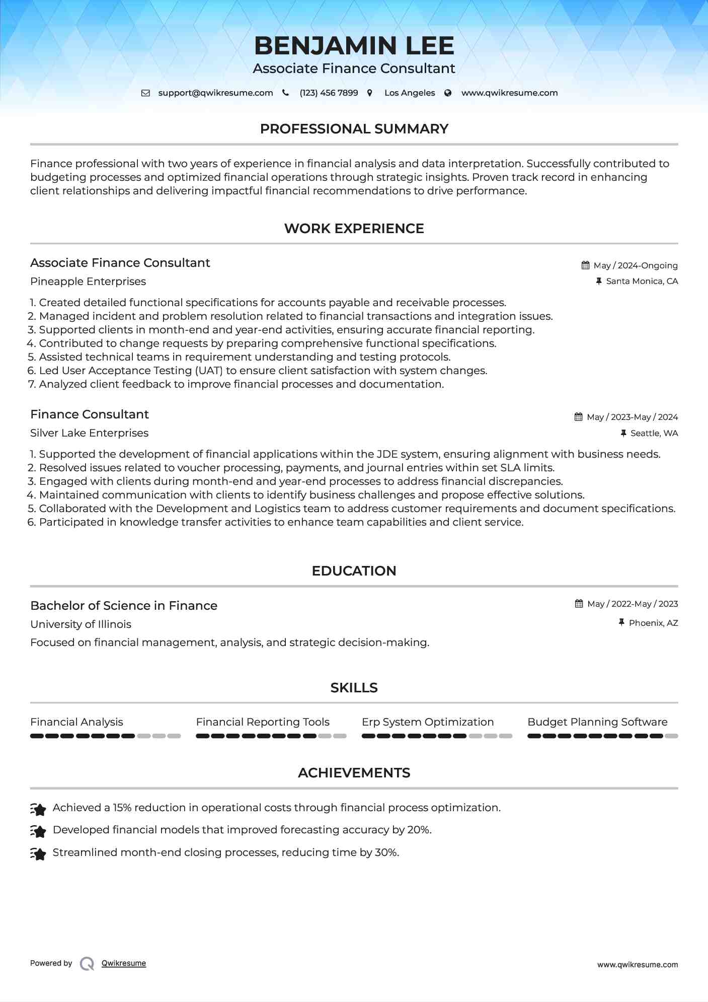 Associate Finance Consultant Resume Format