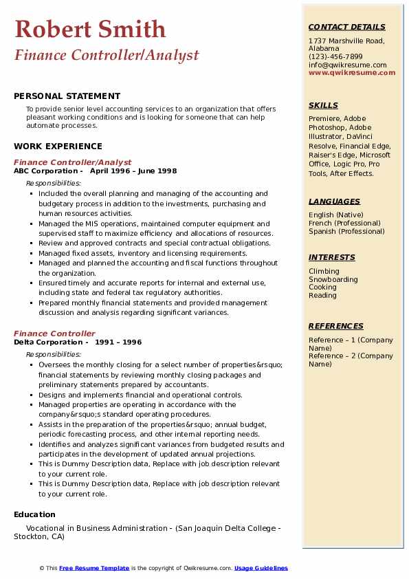 Finance Controller Resume Samples - Finance Controller 1582809147 Pdf 