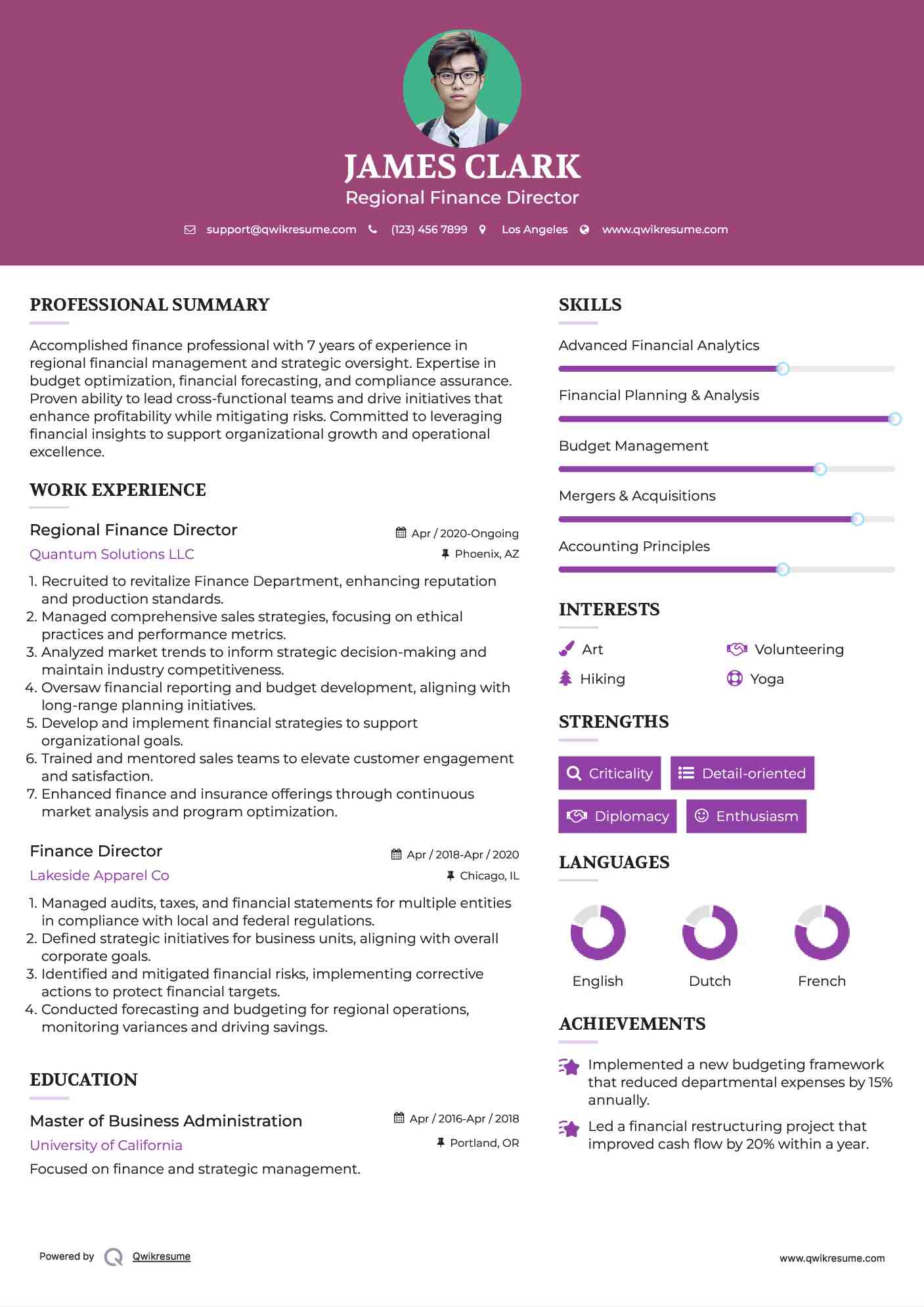 Regional Finance Director Resume Format