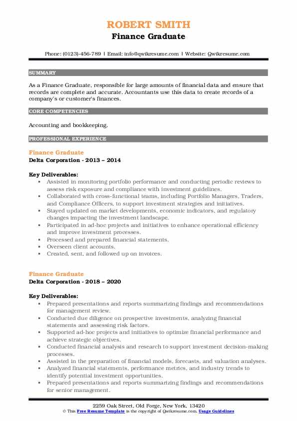 Finance Graduate Resume Samples | QwikResume