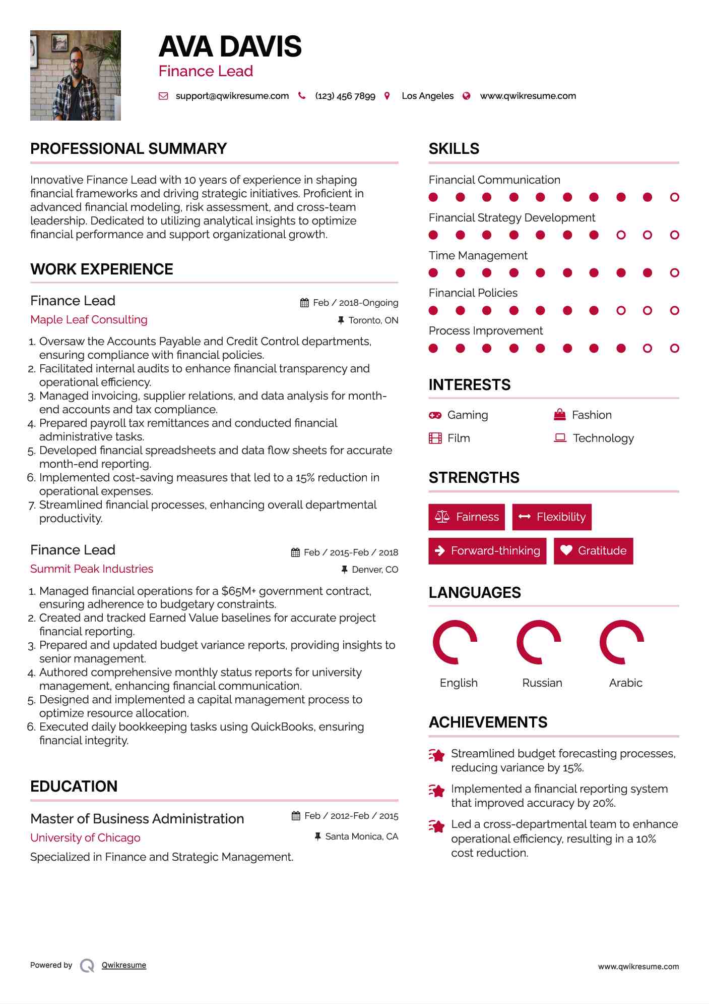 Finance Lead Resume Format