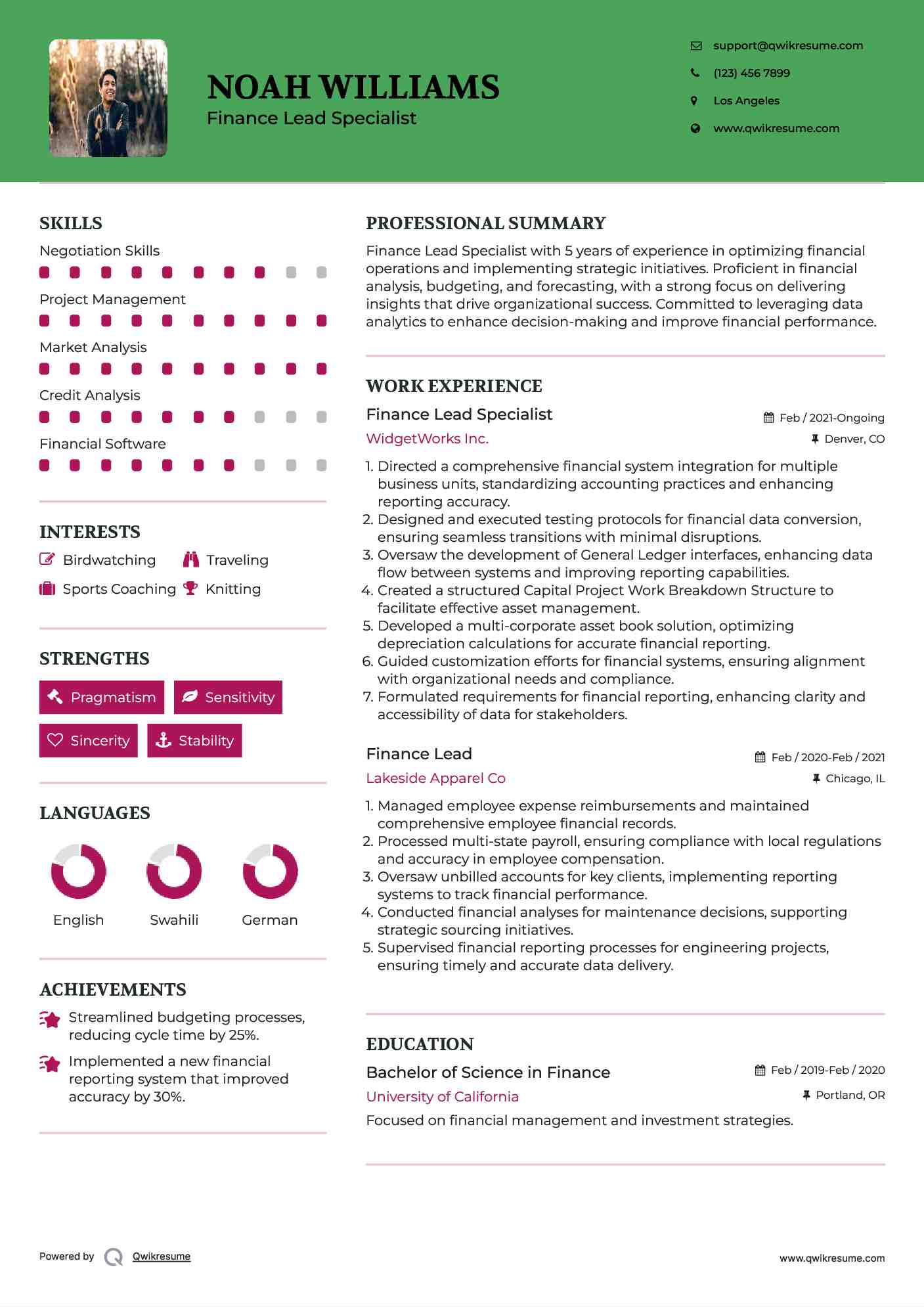 Finance Lead Specialist Resume Template