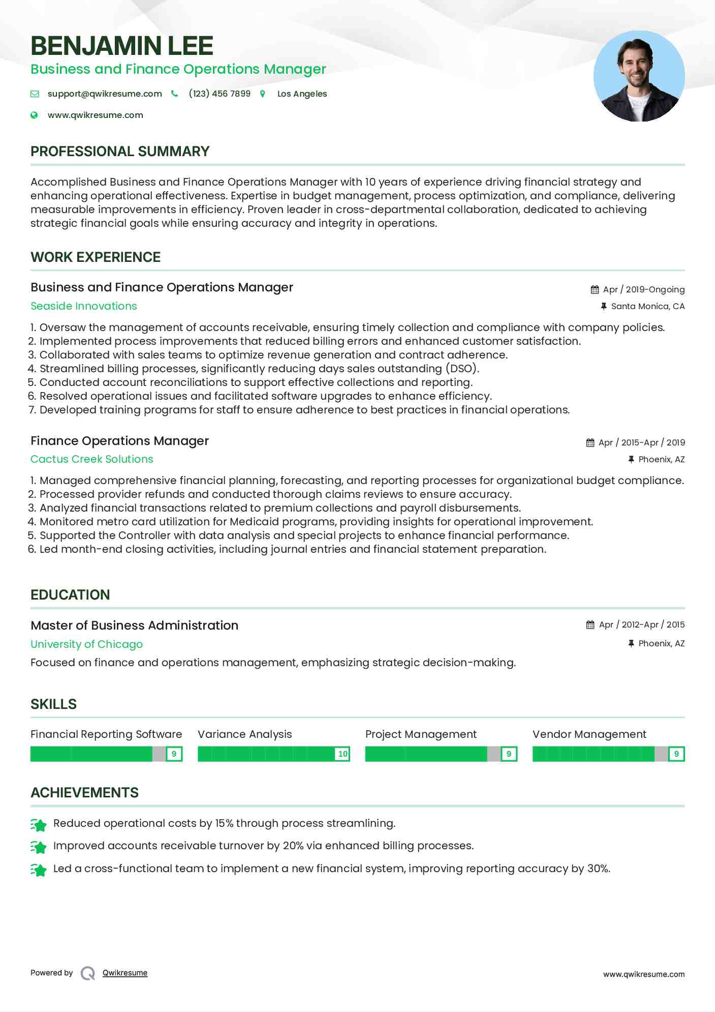 Business and Finance Operations Manager Resume Format