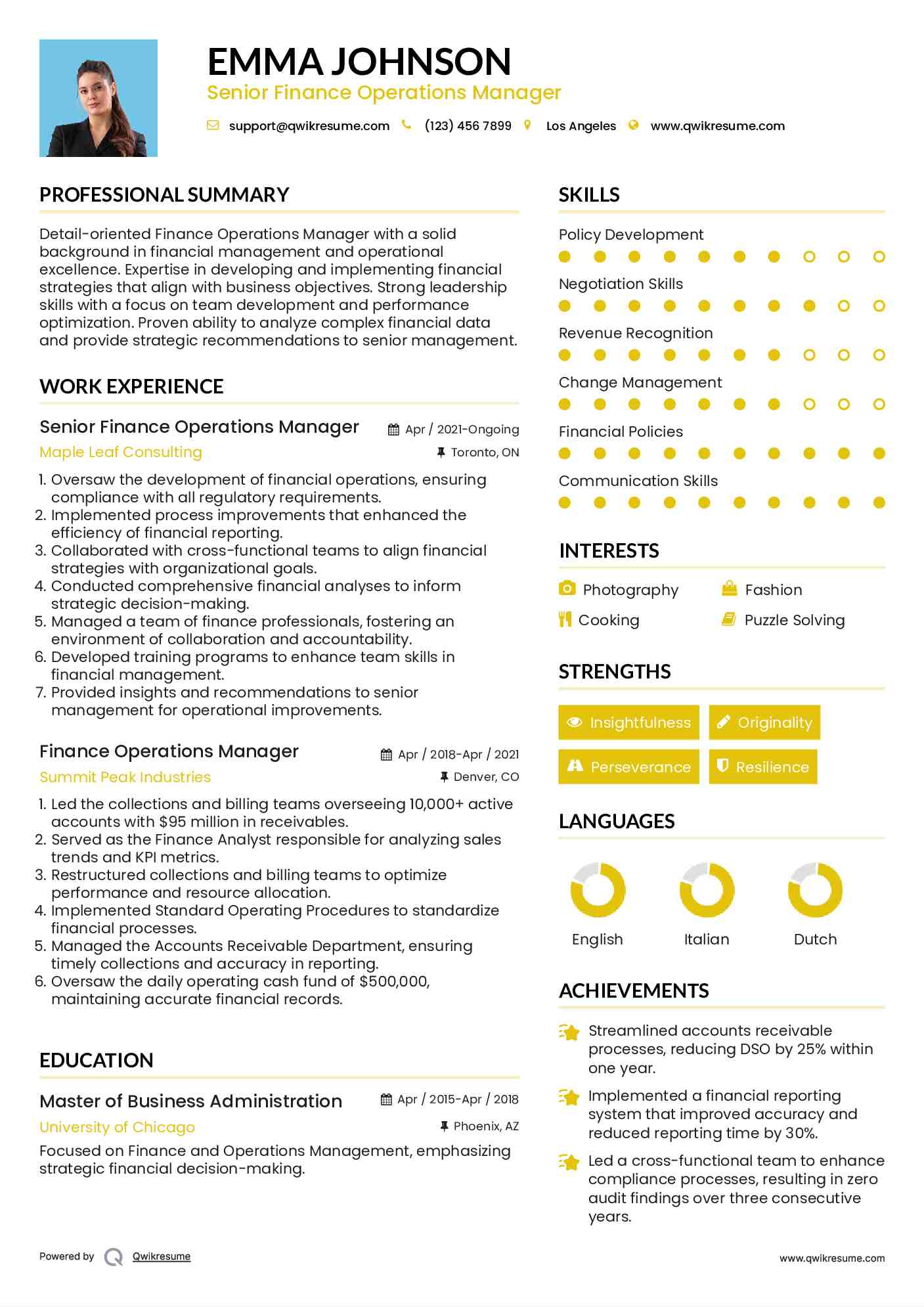 Senior Finance Operations Manager Resume Sample