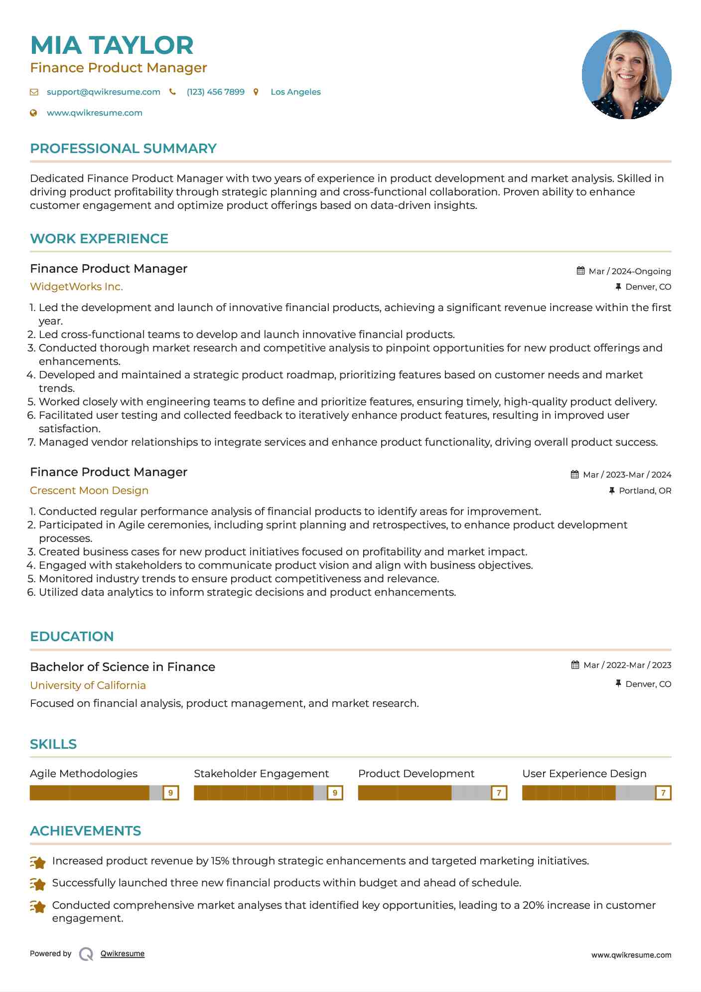 Finance Product Manager Resume Sample