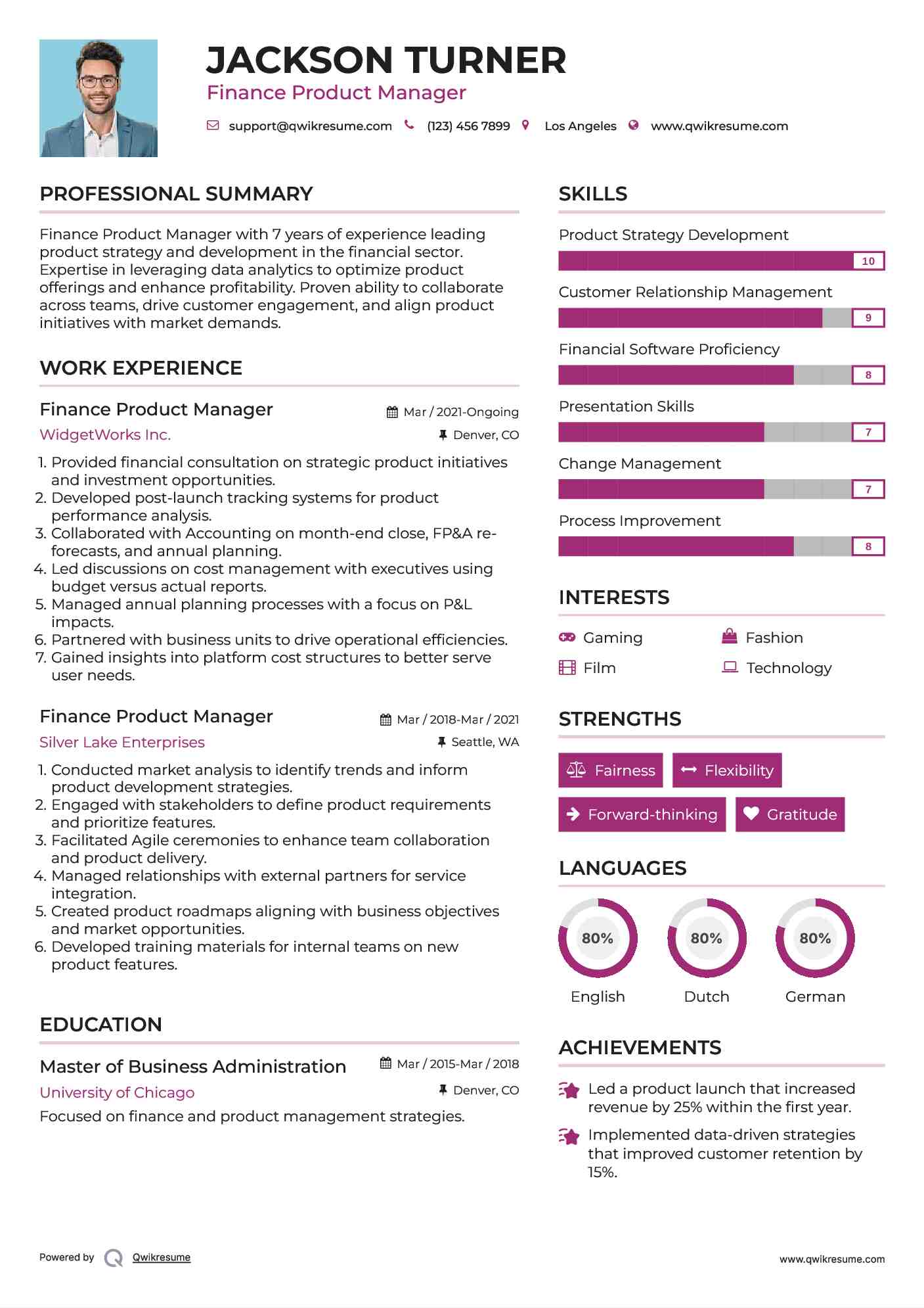 Finance Product Manager Resume Format