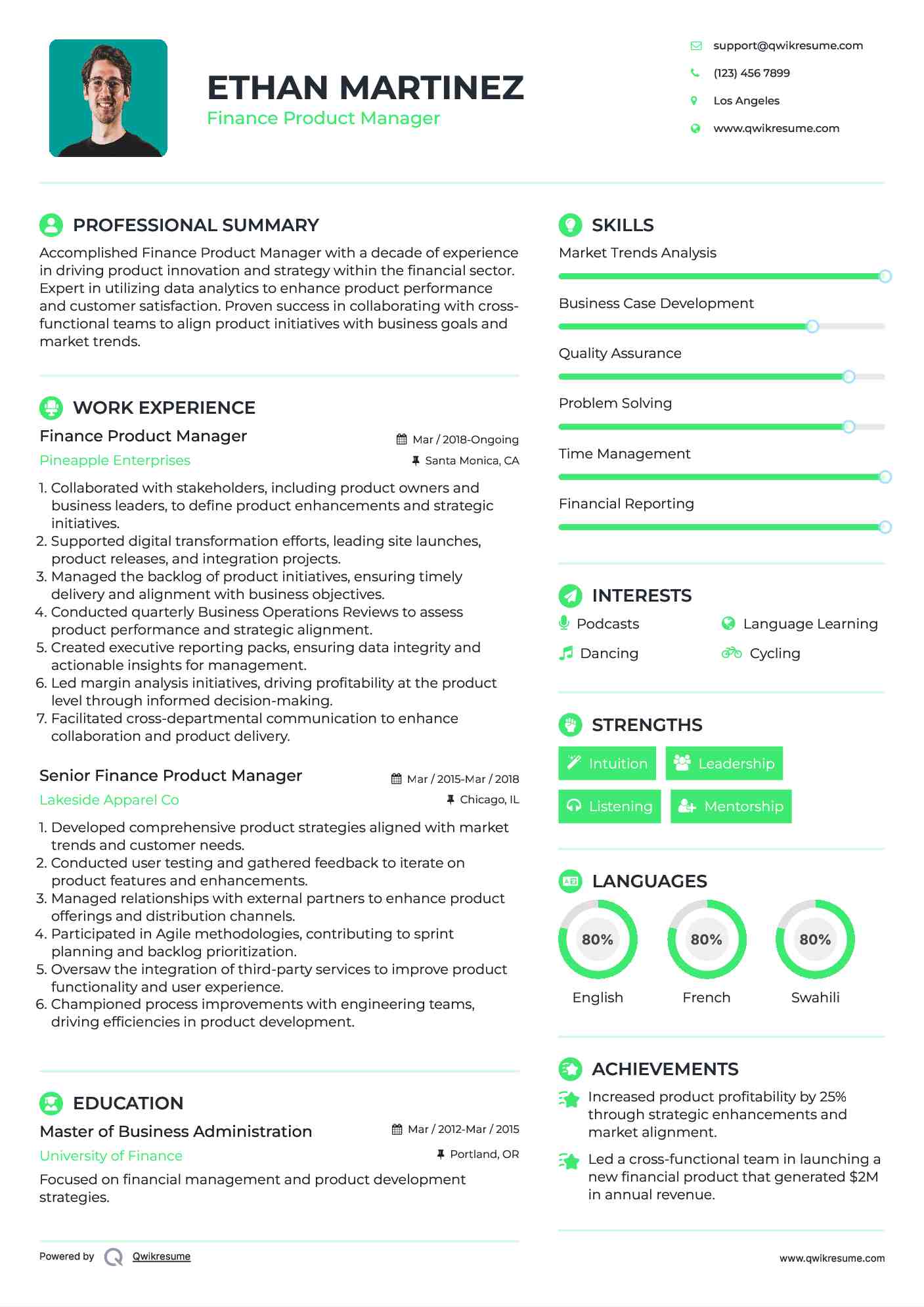 Finance Product Manager Resume Template