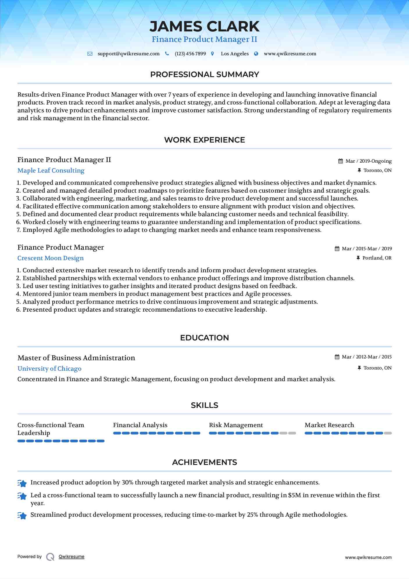 Finance Product Manager II  Resume Format