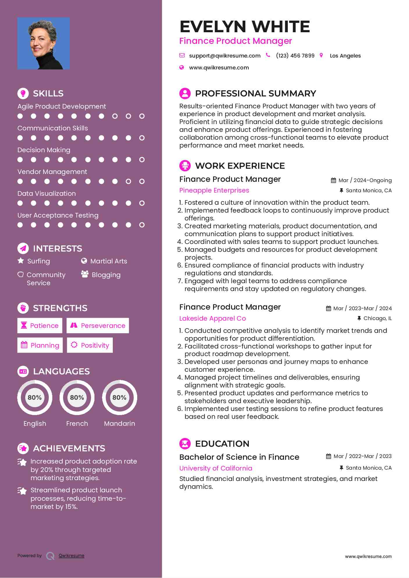 Finance Product Manager Resume Model