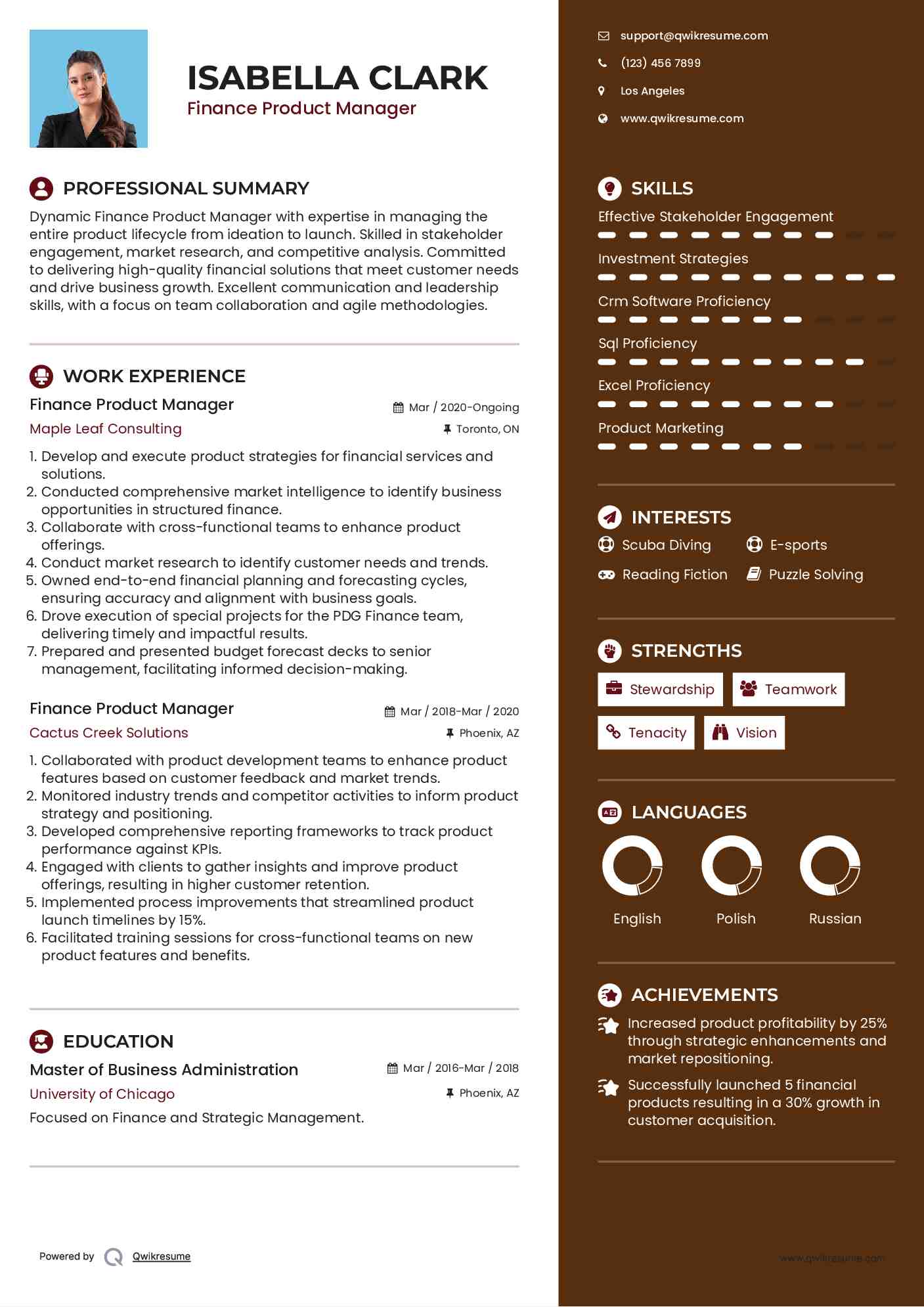 Finance Product Manager Resume Model