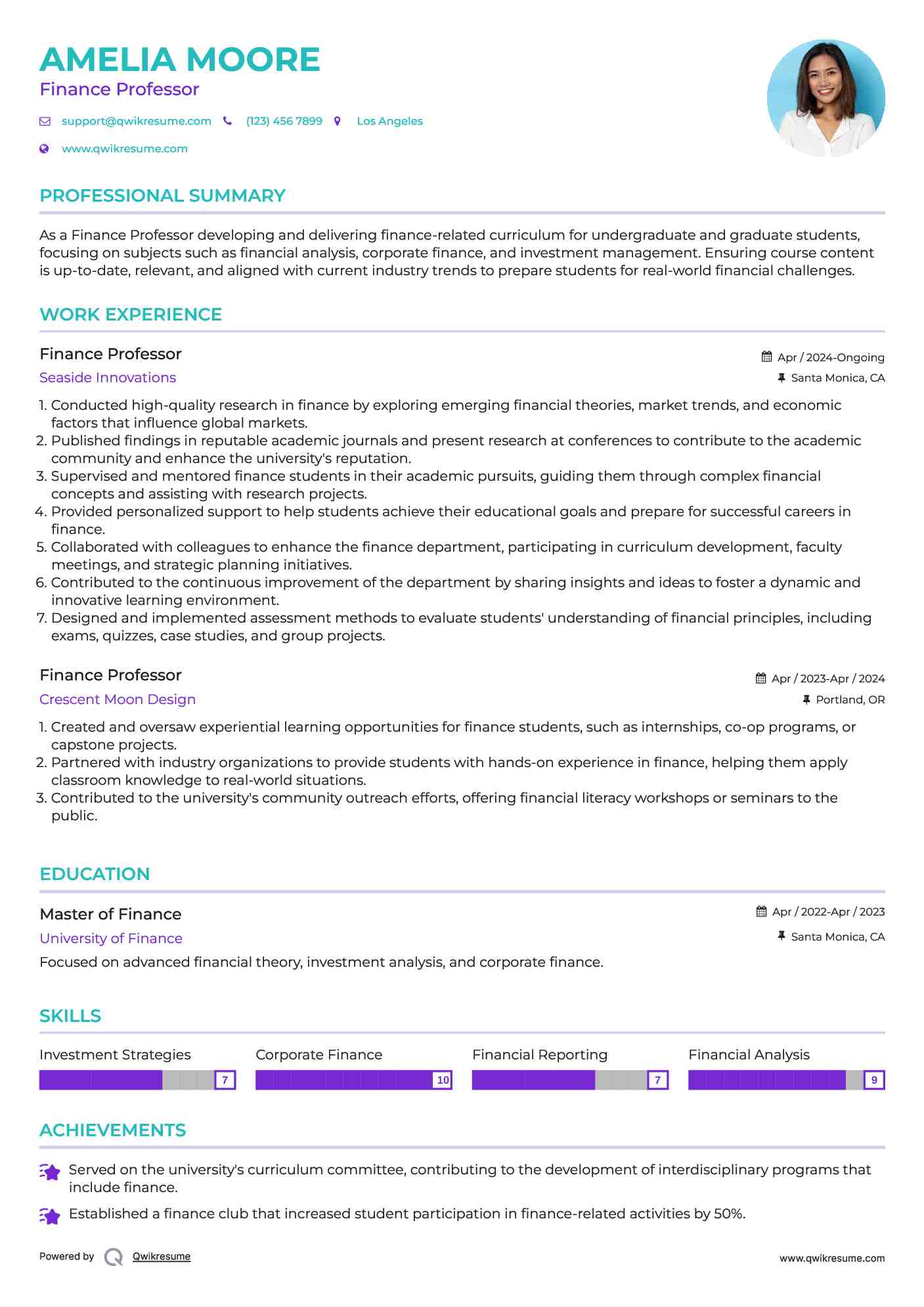 Finance Professor Resume Sample
