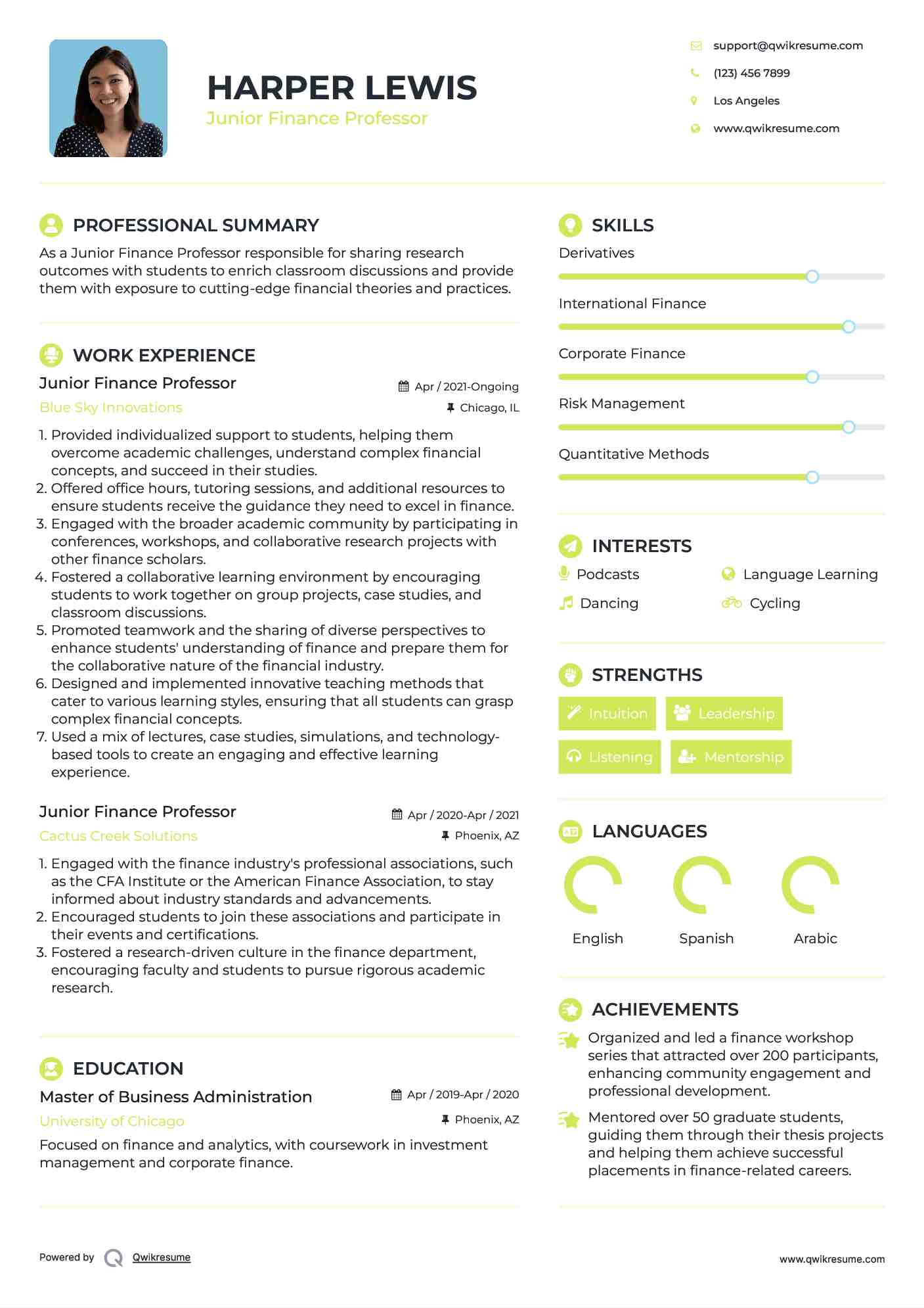 Junior Finance Professor Resume Sample