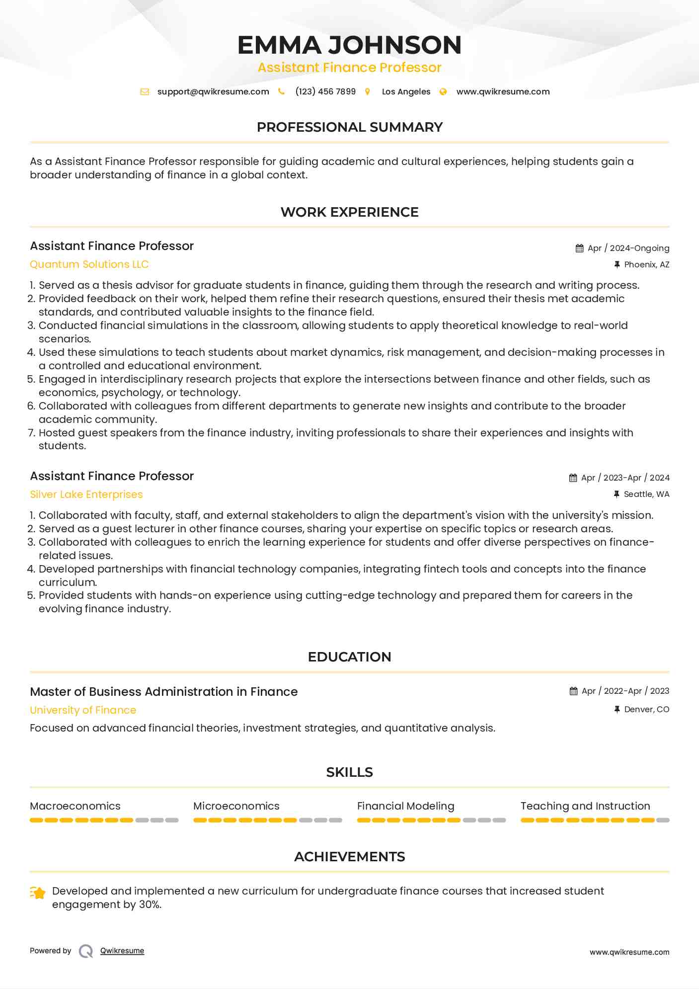 Assistant Finance Professor Resume Example