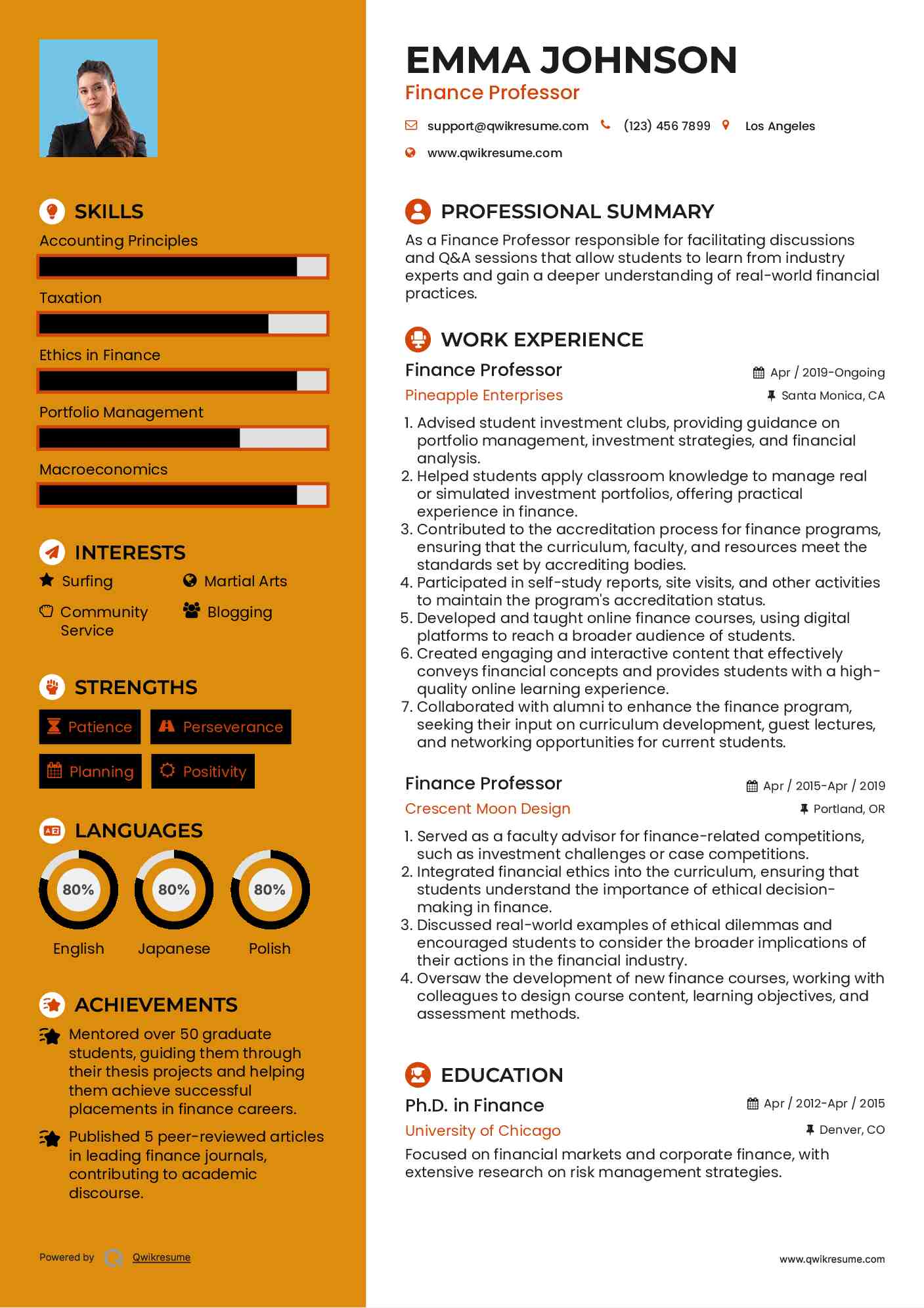 Finance Professor Resume Model