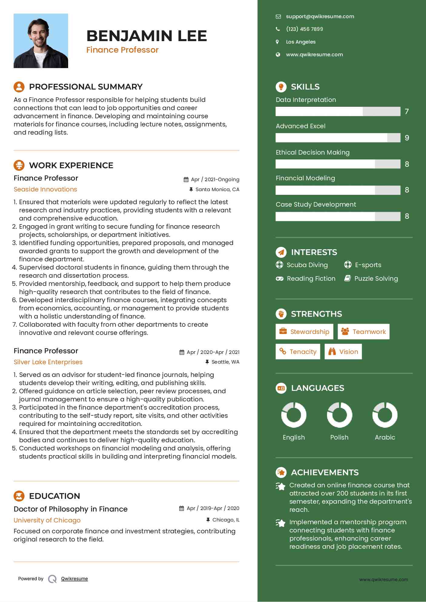 Finance Professor Resume Model