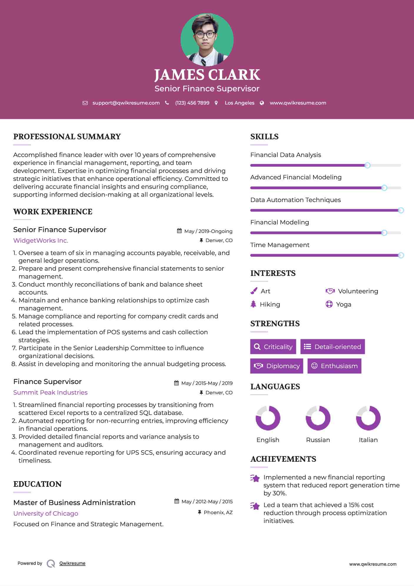 Senior Finance Supervisor Resume Sample