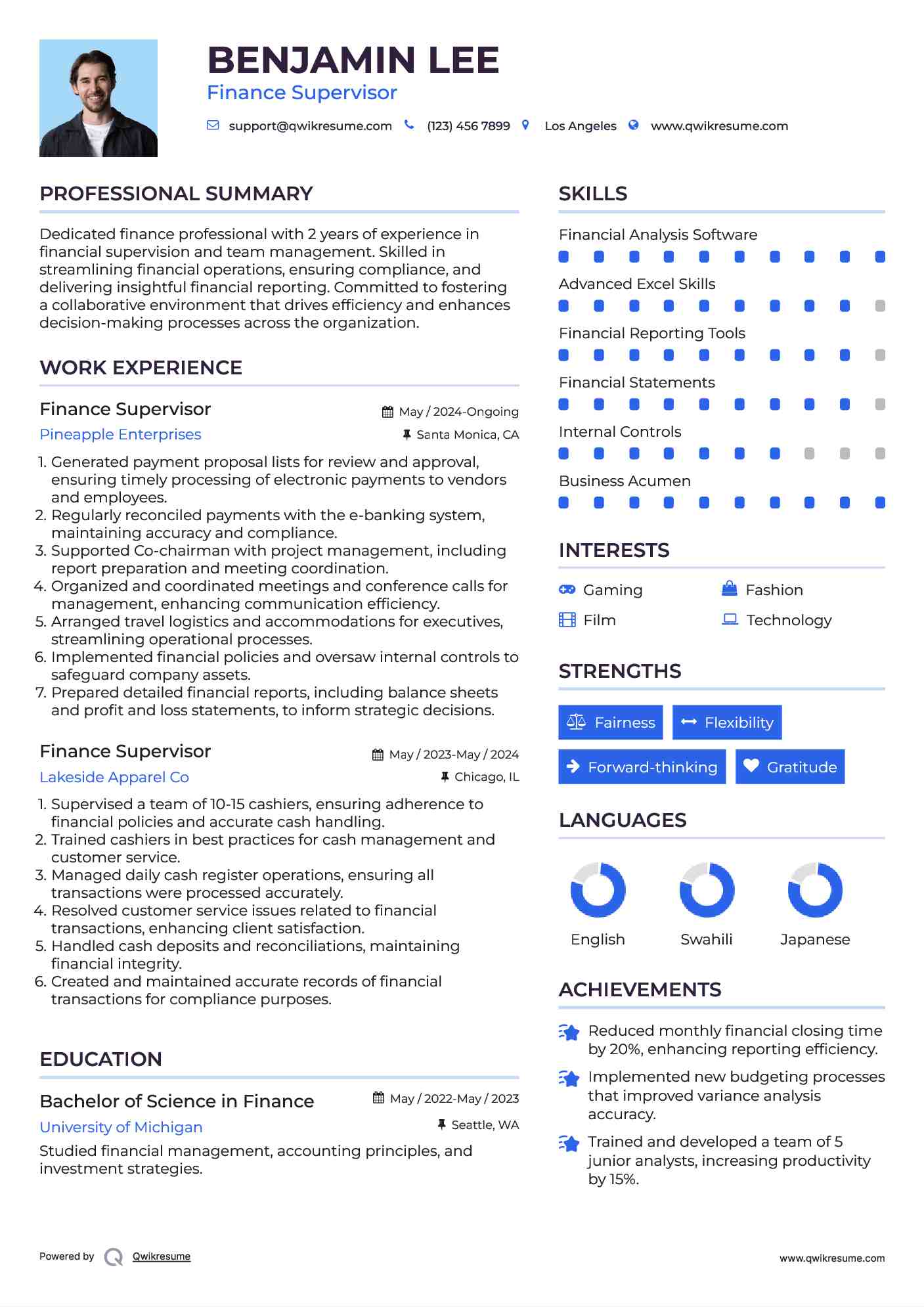 Finance Supervisor Resume Format