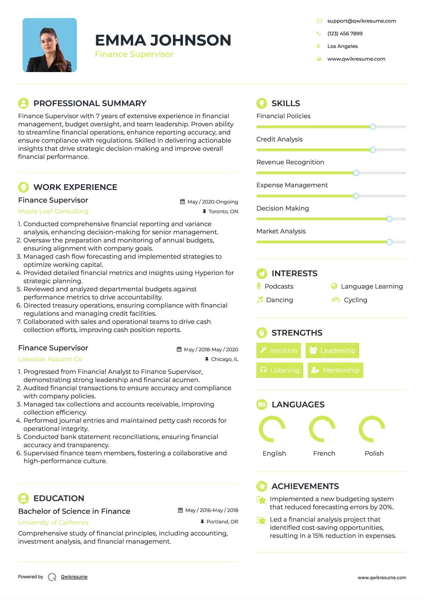 Finance Supervisor Resume Model