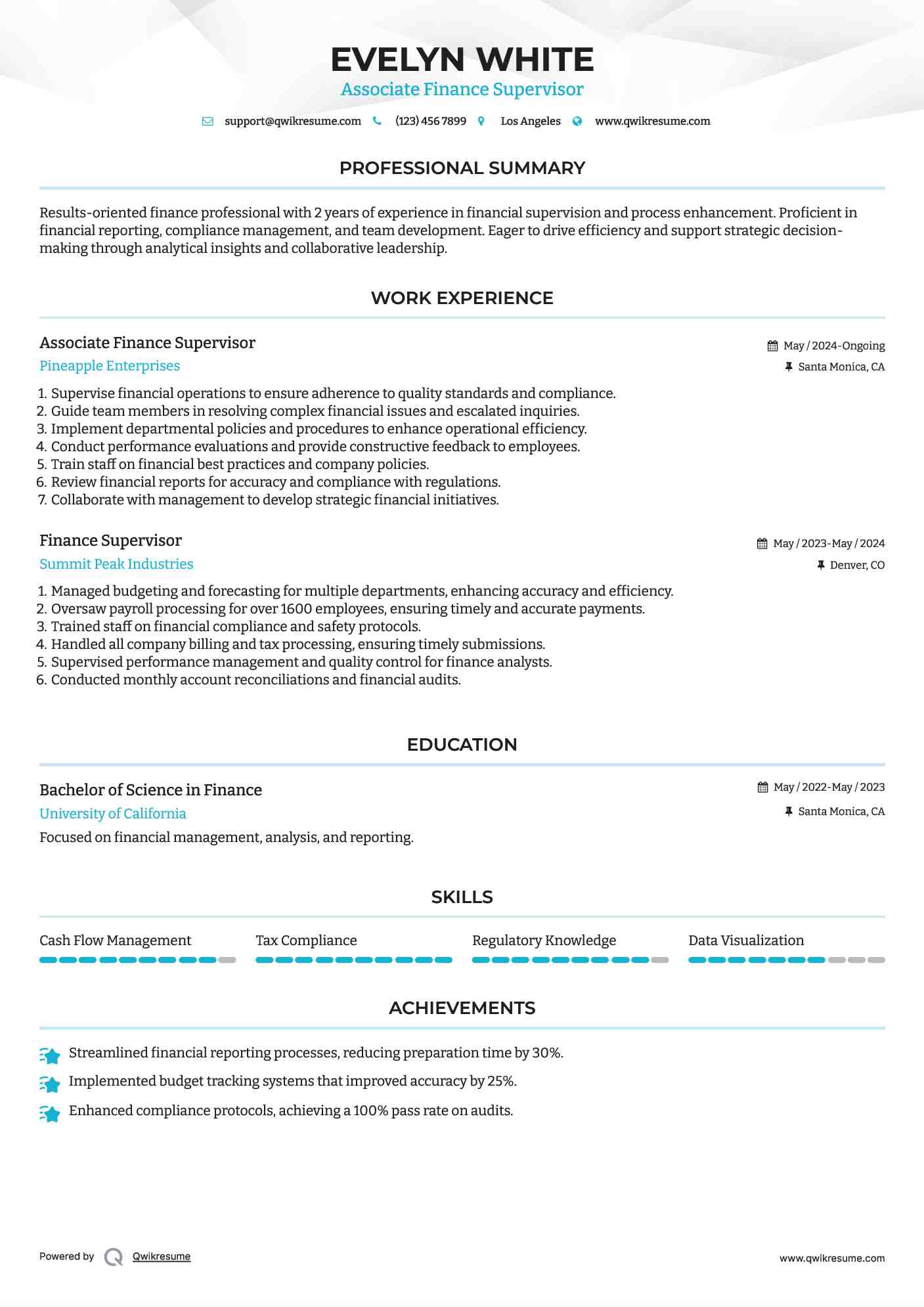Associate Finance Supervisor  Resume Template