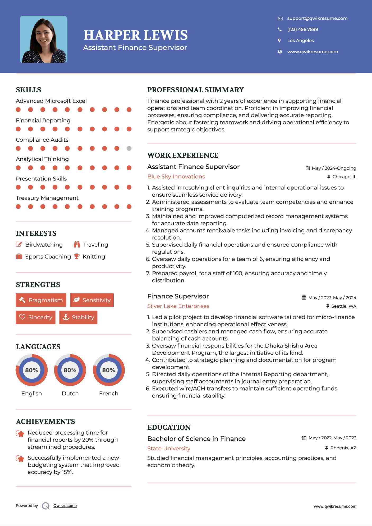 Assistant Finance Supervisor  Resume Template