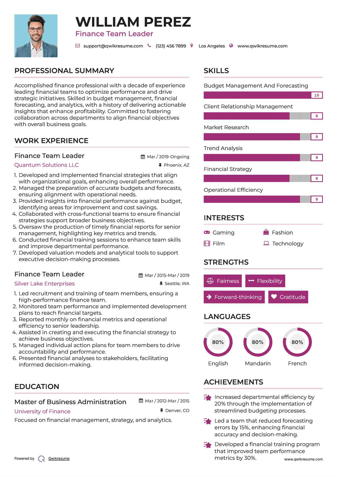 Finance Team Leader Resume Template
