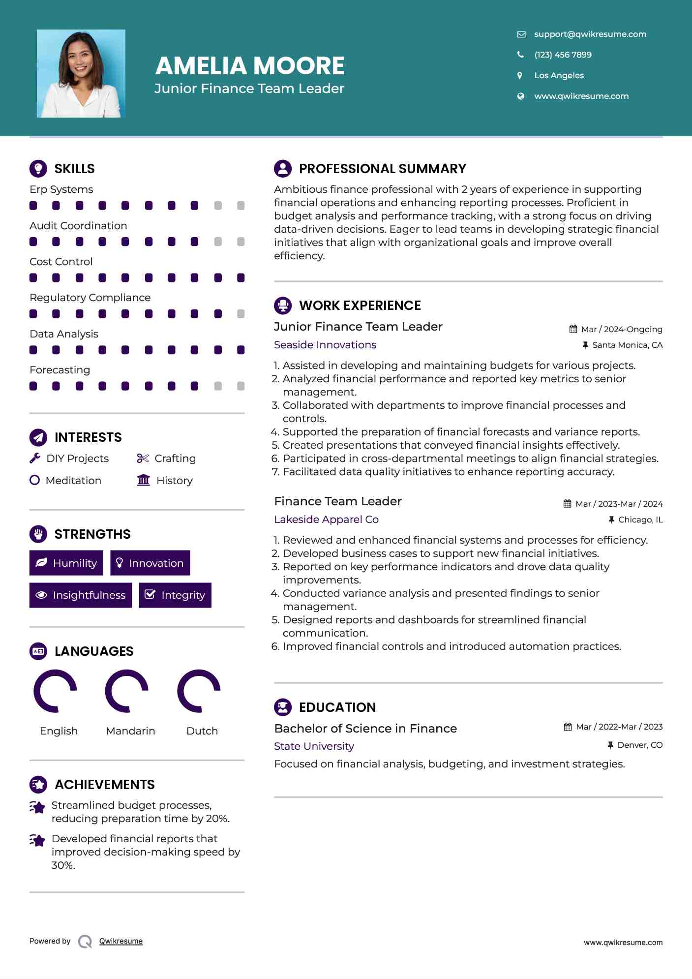 Junior Finance Team Leader Resume Sample