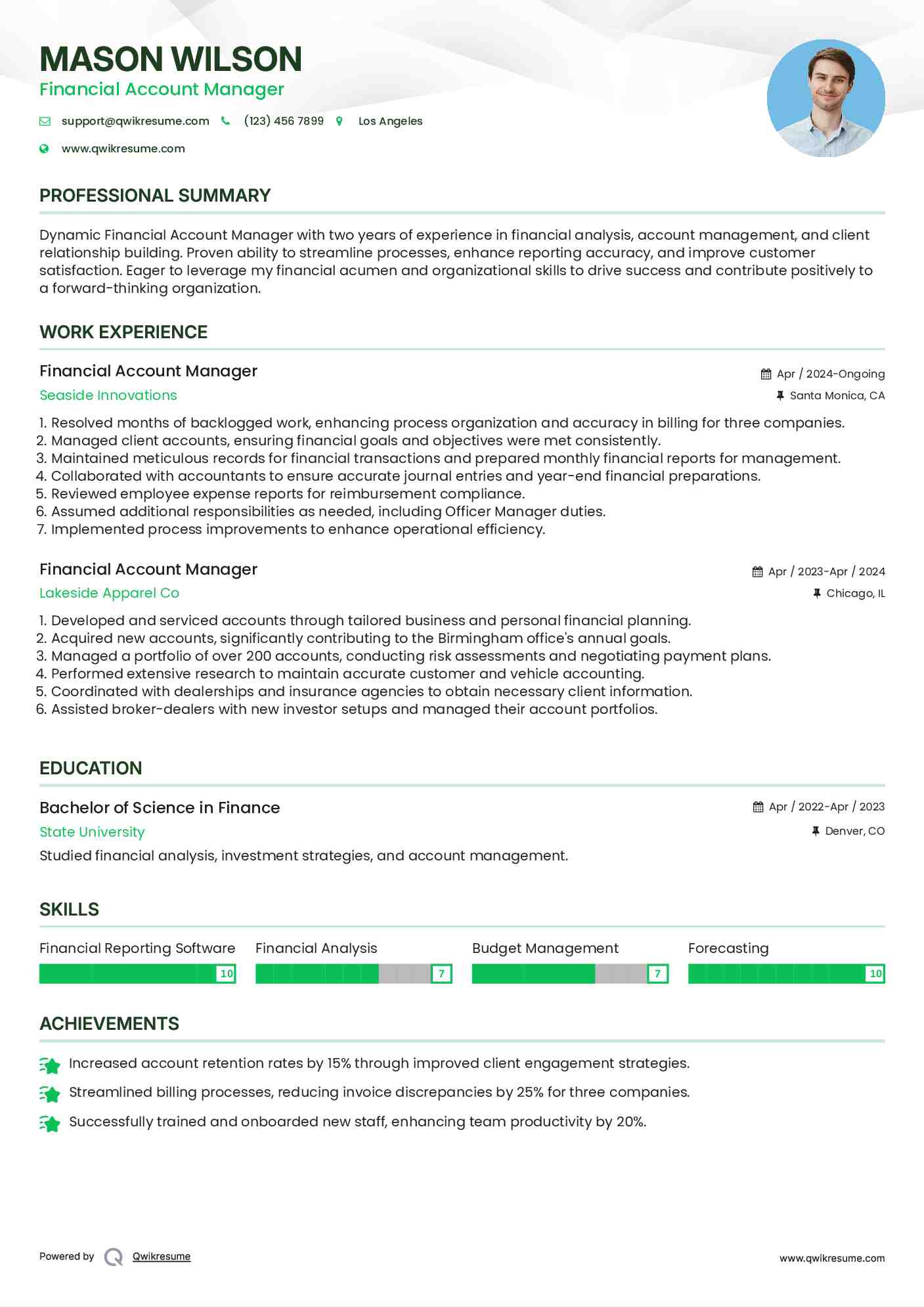 Financial Account Manager Resume Sample