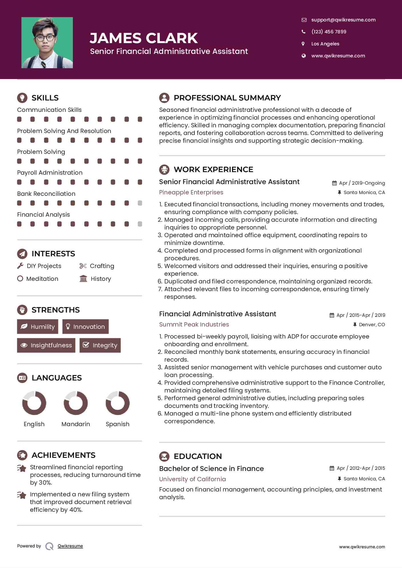 Senior Financial Administrative Assistant Resume Example