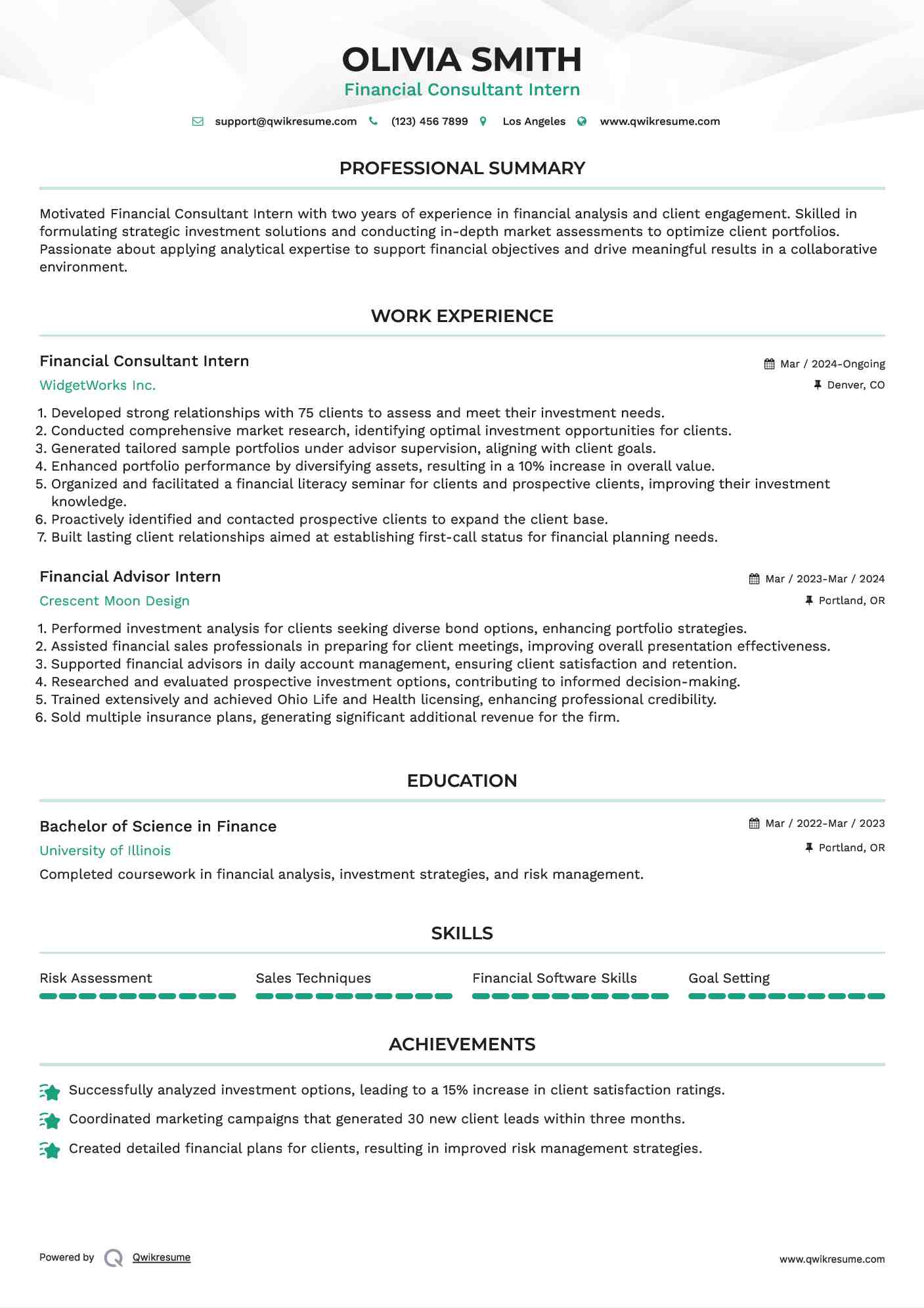 Financial Consultant Intern Resume Model