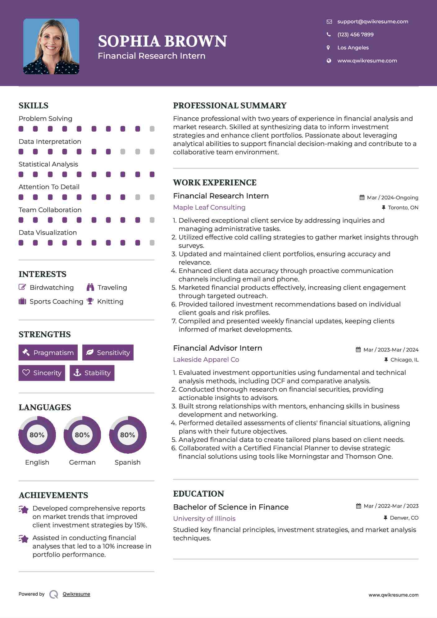 Financial Research Intern Resume Example