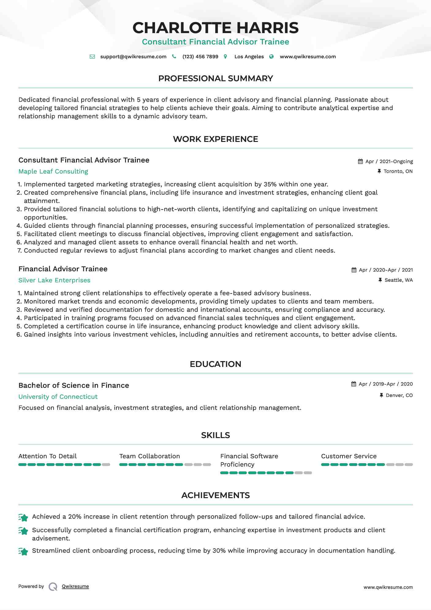 Consultant Financial Advisor Trainee Resume Model