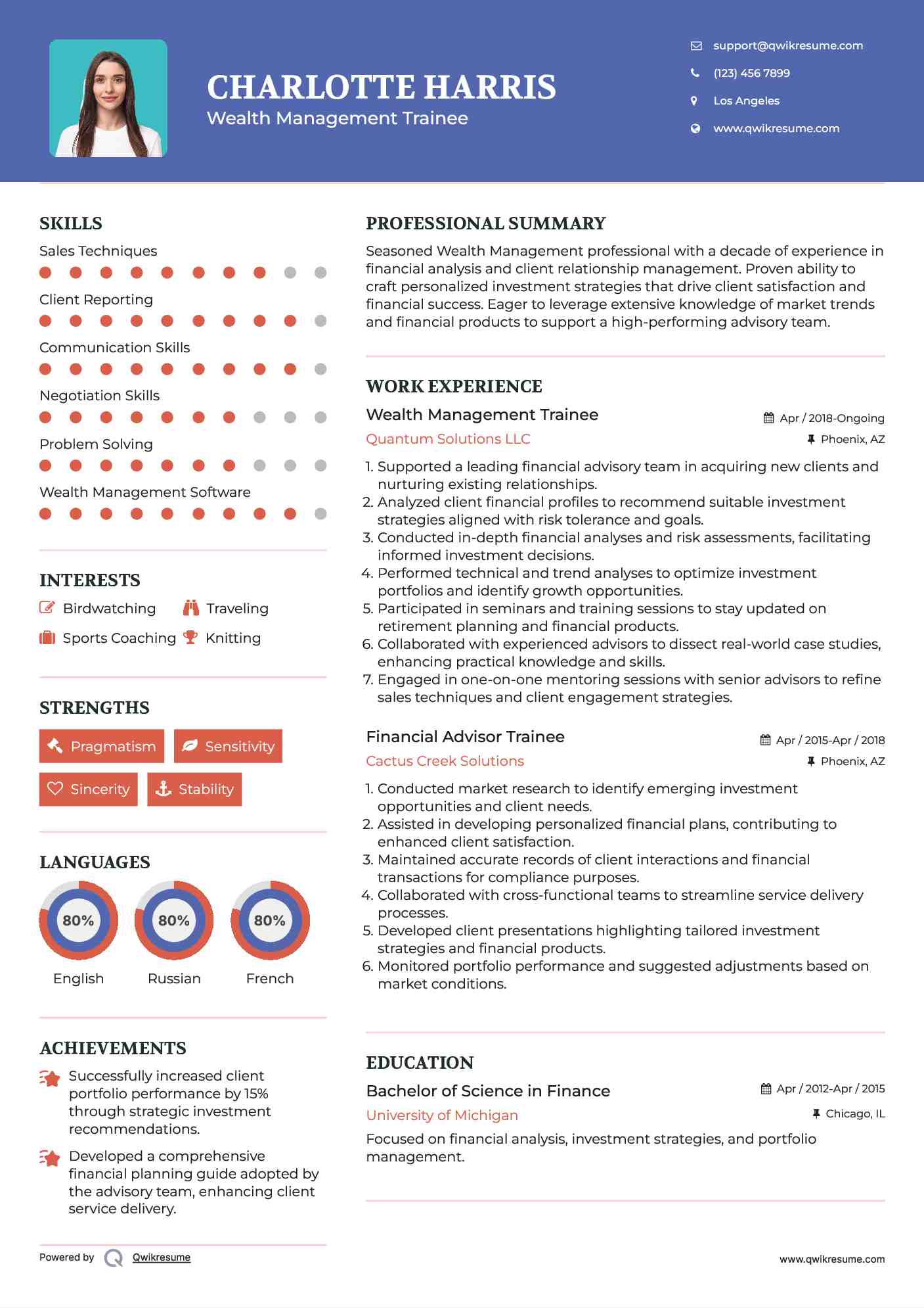 Wealth Management Trainee Resume Example