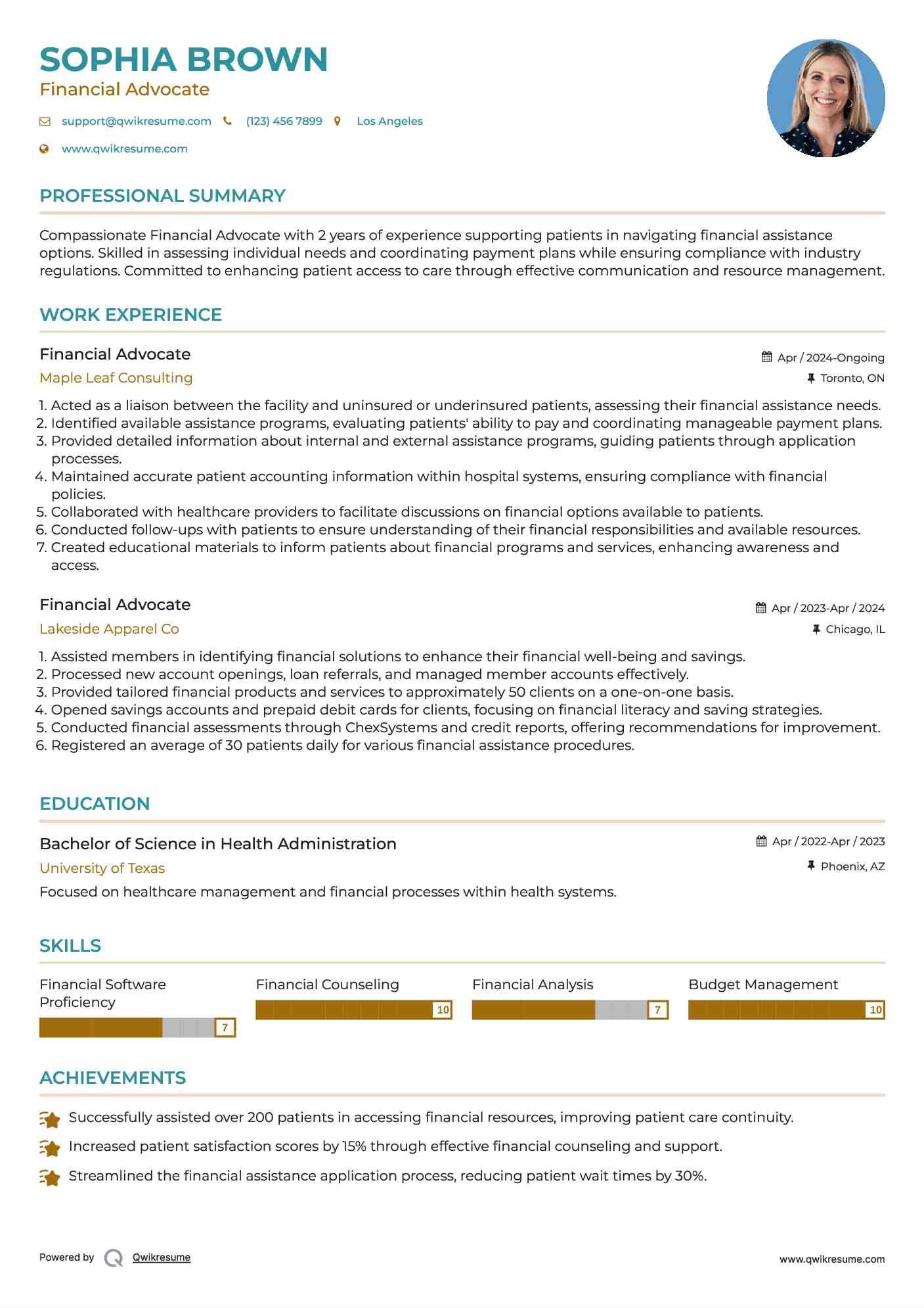 Financial Advocate Resume Model