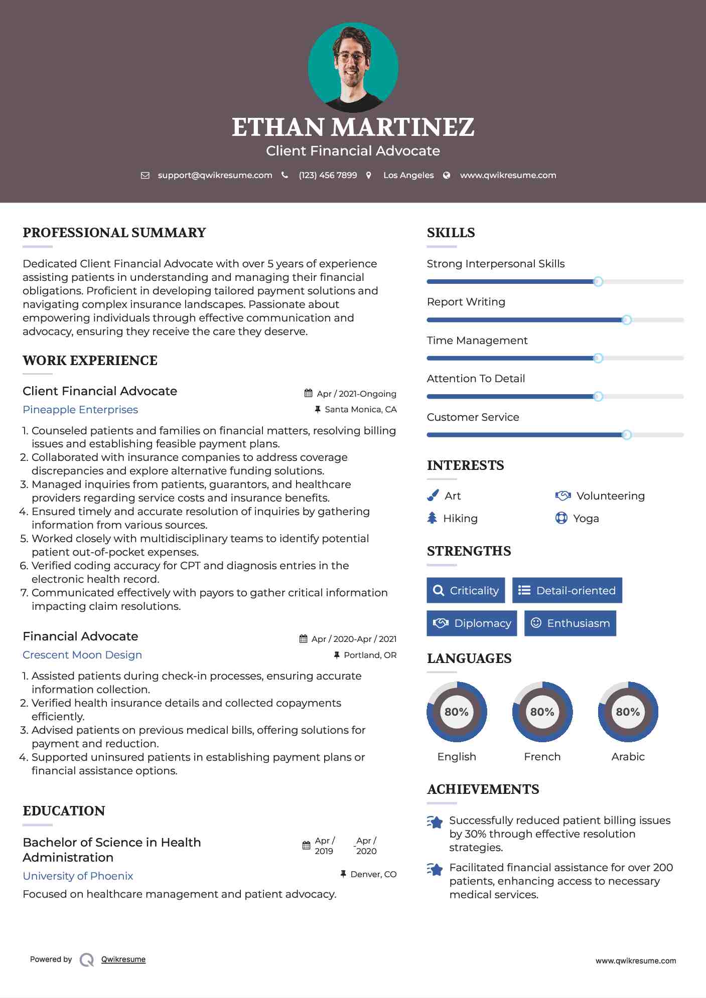 Client Financial Advocate Resume Template