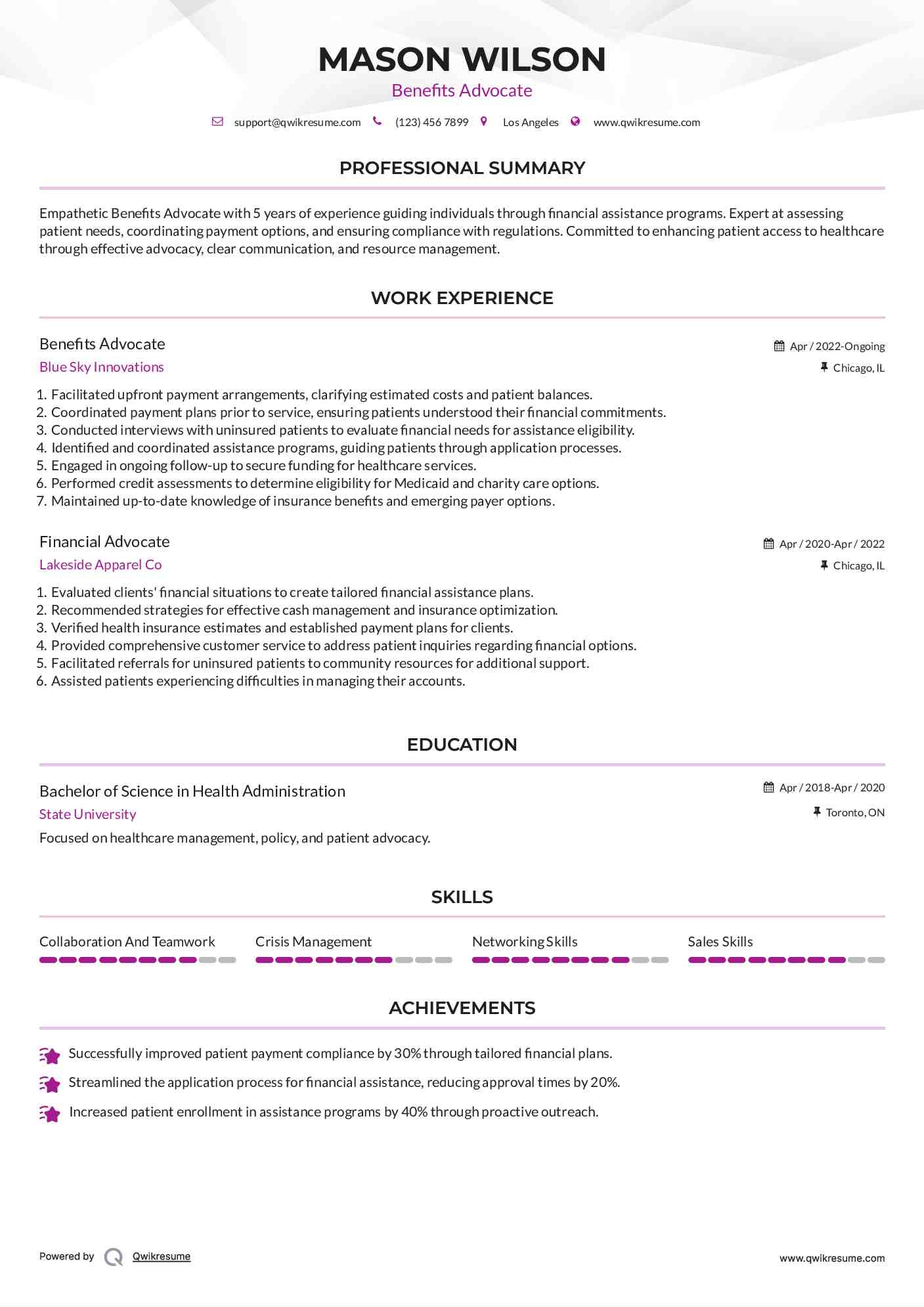 Benefits Advocate Resume Model
