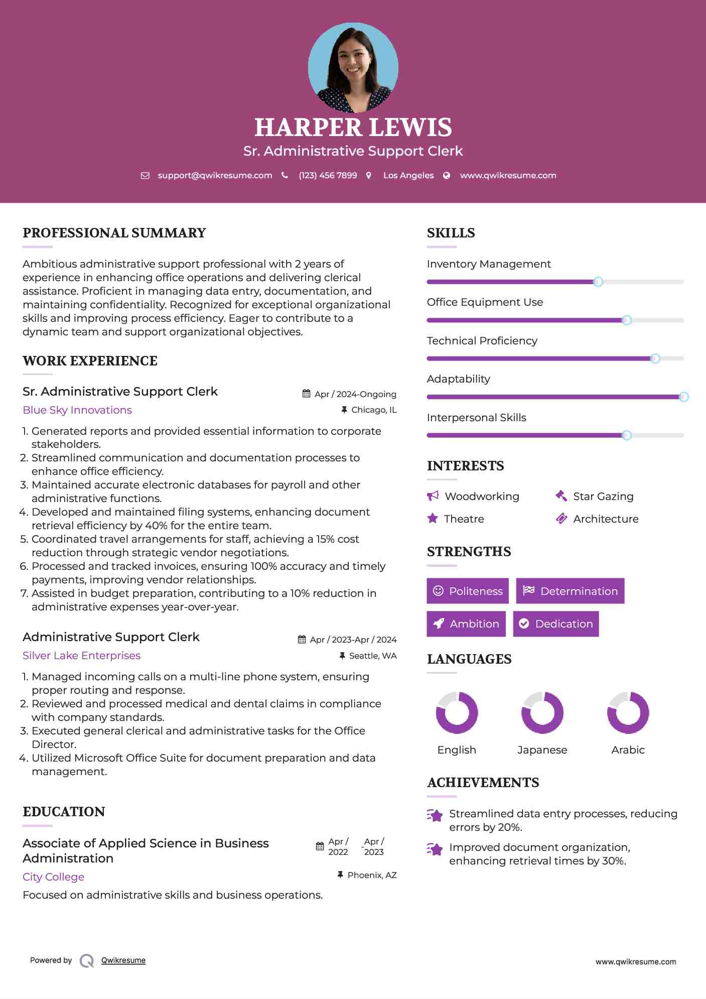 Sr. Administrative Support Clerk Resume Template